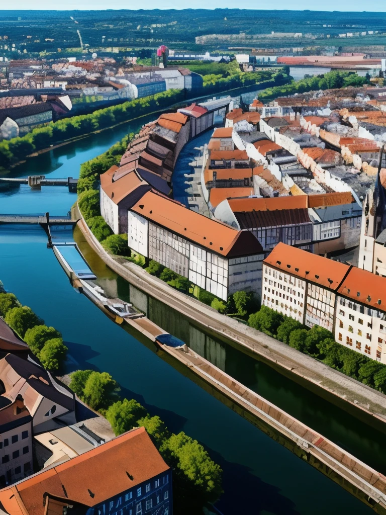 arafed view of a river running through a city with a bridge, nuremberg, germany. wide shot, building along a river, european river, germany, medieval cities, realistic photo of a town, seen from above, white buildings with red roofs, by Werner Gutzeit, view from above, arial shot, all buildings on bridge, by Robert Zünd