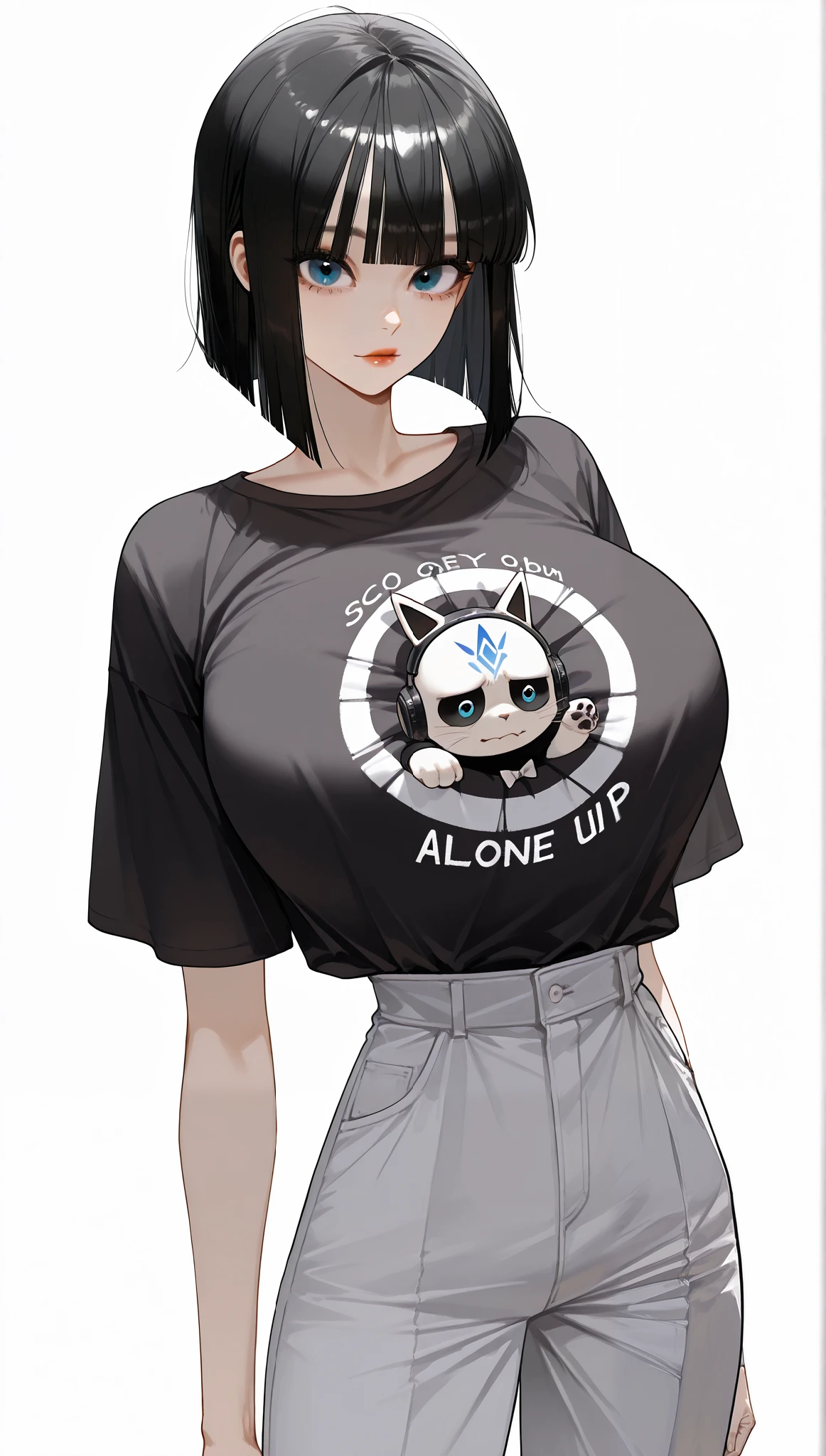 (걸작, 고해상도, 2k 해상도, 매우 상세한, best_quality, finely_detailed_beuatiful_eyes_and_detailed_face), 정면, (1여자, 완벽한 얼굴), (black_bob_cut), blue_eyes, beigi_t-shirt, long_violet_sleeves, white_pants , front view,(closed_eyes:0.3), looking at viewer, standing, white_background, (front_view, cowboy_shot), ((alone)), (pretty, beautiful), 귀여운, 어두운 조명 , tall, adult, mature, huge_breasts, (((monolid))), skinny_body