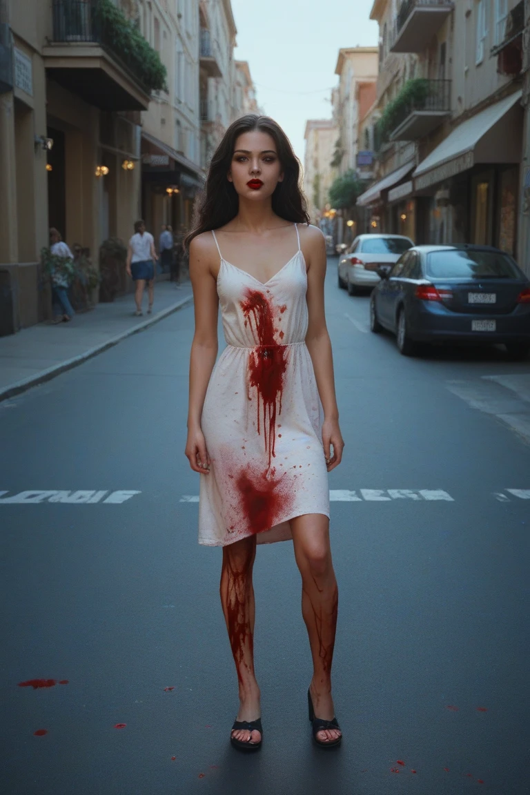 chica de vestido largo color blanco, gore, zombie, mostruo