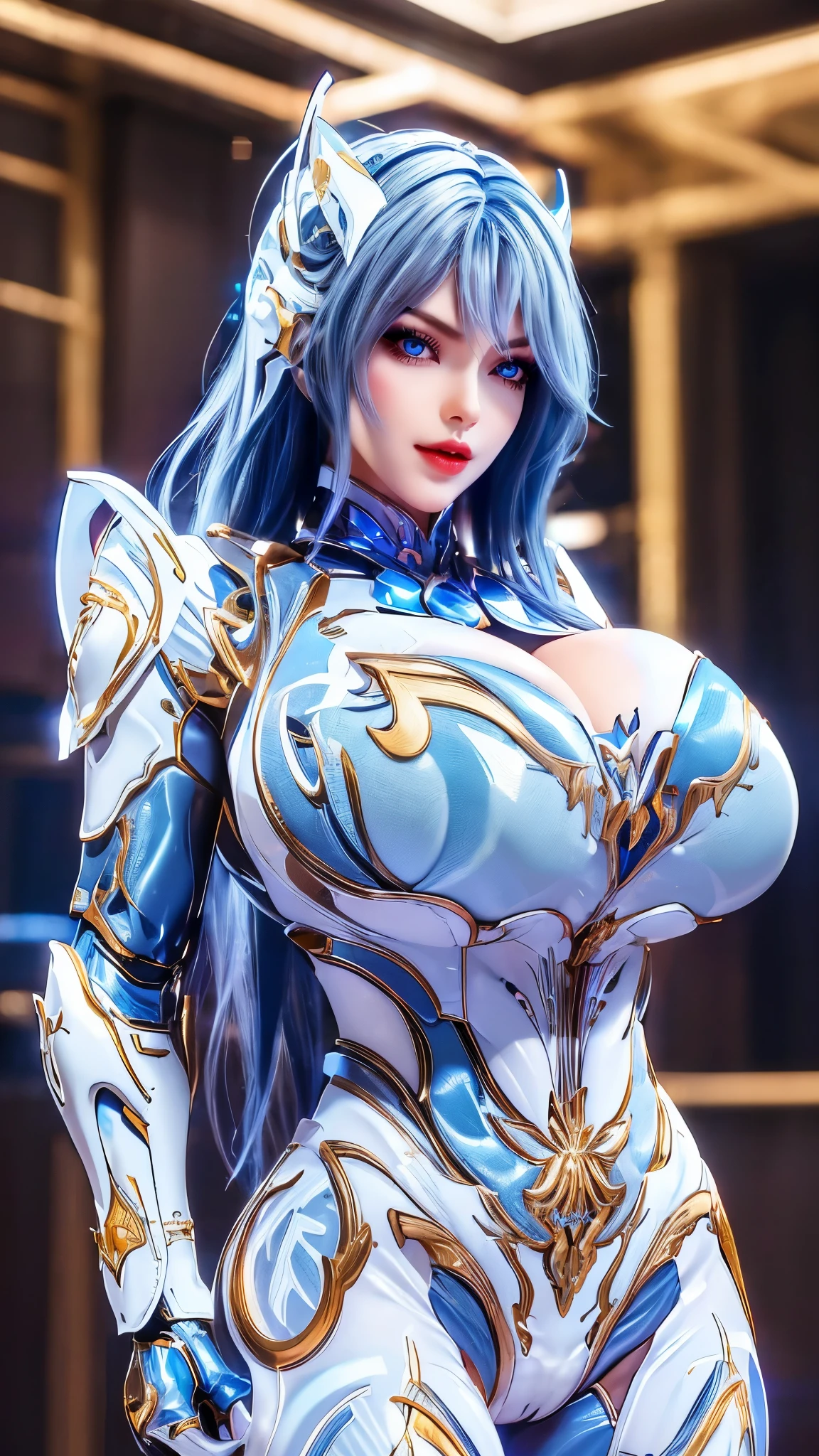 A beauty girl with (blue long hair:1.2), 1GIRL, (MECHA GOLDEN DRAGON HELM:1),((HUGE FAKE BREASTS,CLEAVAGE:1.5)), (11 line ABS:1.3), ((MECHA GUARD ARMS,LED BODY:1.1)), (BLUE SHINY FUTURISTIC MECHA BRA,WHITE SKINTIGHT MECHA SUIT:1.5), (PERFECT THICK BODY, GLOWING BODY SKIN:1.1), (LOOKING AT VIEWER:1.3), (HALLWAY OF FUTURISTIC SPACE STATION:1), (BRIGHT LIGHT WHITE_ROOM:1.3), HYPER TEXTURE, UNREAL ENGINE RENDER, PHYSICALLY-BASED RENDERING, ULTRA HIGHT DEFINITION, 16K, DSLR, 1080P.