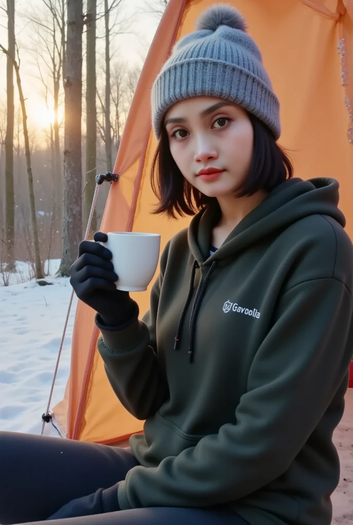 The image shows a young woman sitting outdoors in a snowy setting, near an orange camping tent during sunrise or sunset. She is dressed warmly, wearing a grey beanie with a pom-pom, a dark green hoodie, and black gloves. Her short black hair peeks out slightly from under the beanie. She holds a white cup in her gloved hands, suggesting she is enjoying a warm beverage. The soft light from the sun in the background creates a serene and cozy atmosphere, highlighting her cheerful and calm expression. The surrounding snow and tall trees enhance the winter camping ambiance.