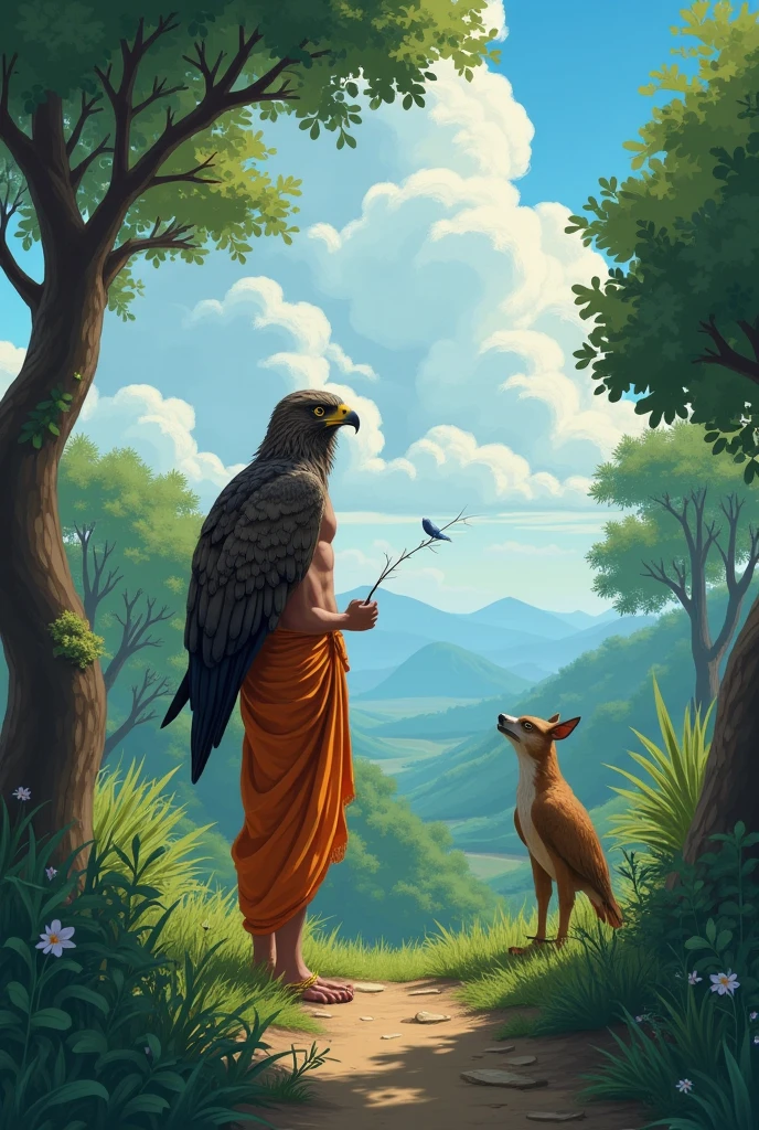 An image of a lush green village landscape with a hardworking farmer, Raghur, kneeling beside an injured, majestic eagle (Garuda) in a field. Raghur is gently tending to the eagle's wounds, with a concerned yet compassionate expression. The eagle has large, detailed feathers and sharp eyes, reflecting its strength despite its injury.