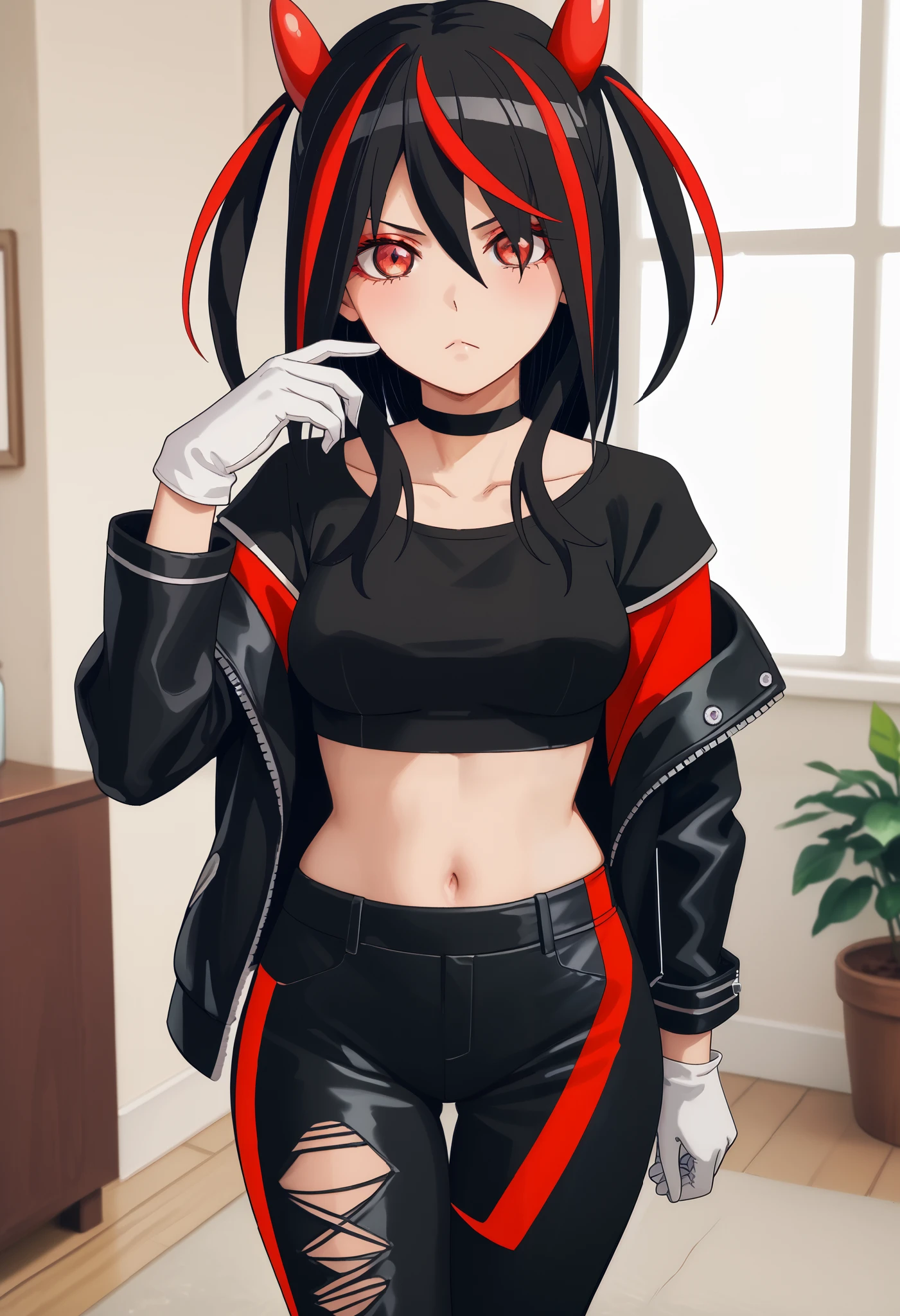 Score_9, Score_8_up, Score_7_up, bright skin: 0.1, anime_source, deep skin, high quality, high resolution, (curvy), ((wide hips)), medium breasts, cute, sexy, 1 girl, BREAK HaneruEmi, HaneruEmi, long hair, black hair, red highlights, red eyeshadow, red eyes, spiky hair, hair between eyes, side locks, black crop top, open jacket, black leather jacket, horns, choker, gold bracelet, black leather pants, white gloves, white shoes, two-tone sneakers, black stockings, abdomen, (single, (sexy pose), open leg, seduce, excite, flirt, sexual, look at viewer, frown, tease)