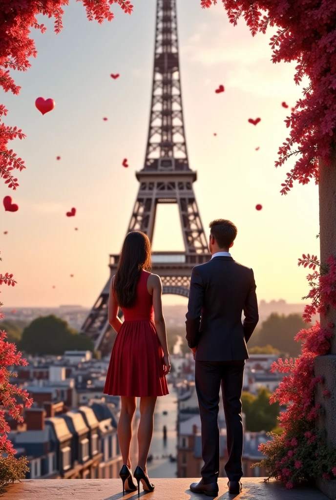Young couple holding hands in the streets of Paris at the time of sunset enjoying a view of Eiffel tower Eiffel tower.