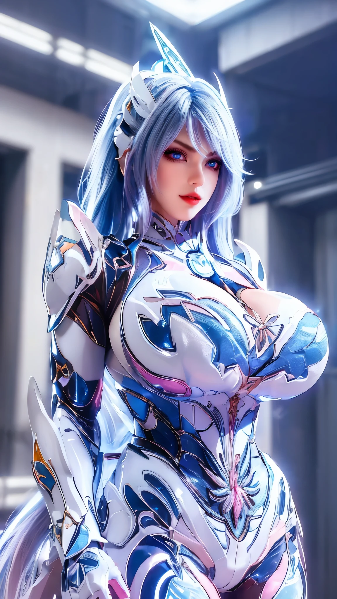 A beauty girl with ((blue and pink multiple colour long hair:1.5)), 1GIRL, (MECHA GOLDEN DRAGON HELM:1),((HUGE FAKE BREASTS,CLEAVAGE:1.5)), (11 line ABS:1.3), ((MECHA GUARD ARMS,LED BODY:1.1)), (BLUE SHINY FUTURISTIC MECHA BRA,WHITE SKINTIGHT MECHA SUIT:1.5), (PERFECT THICK BODY, GLOWING BODY SKIN:1.1), (LOOKING AT VIEWER:1.3), (HALLWAY OF FUTURISTIC SPACE STATION:1), (BRIGHT LIGHT WHITE_ROOM:1.3), HYPER TEXTURE, UNREAL ENGINE RENDER, PHYSICALLY-BASED RENDERING, ULTRA HIGHT DEFINITION, 16K, DSLR, 1080P.