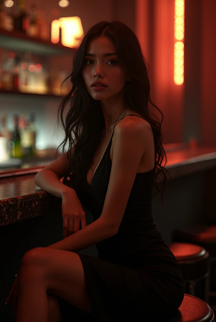 In 8K, Raw-Photo, Best quality, Masterpiece: 1.2), a stunning brunette, 25-year-old influencer/model, cityscape, night lights, cocktail dress, table with Asian friend