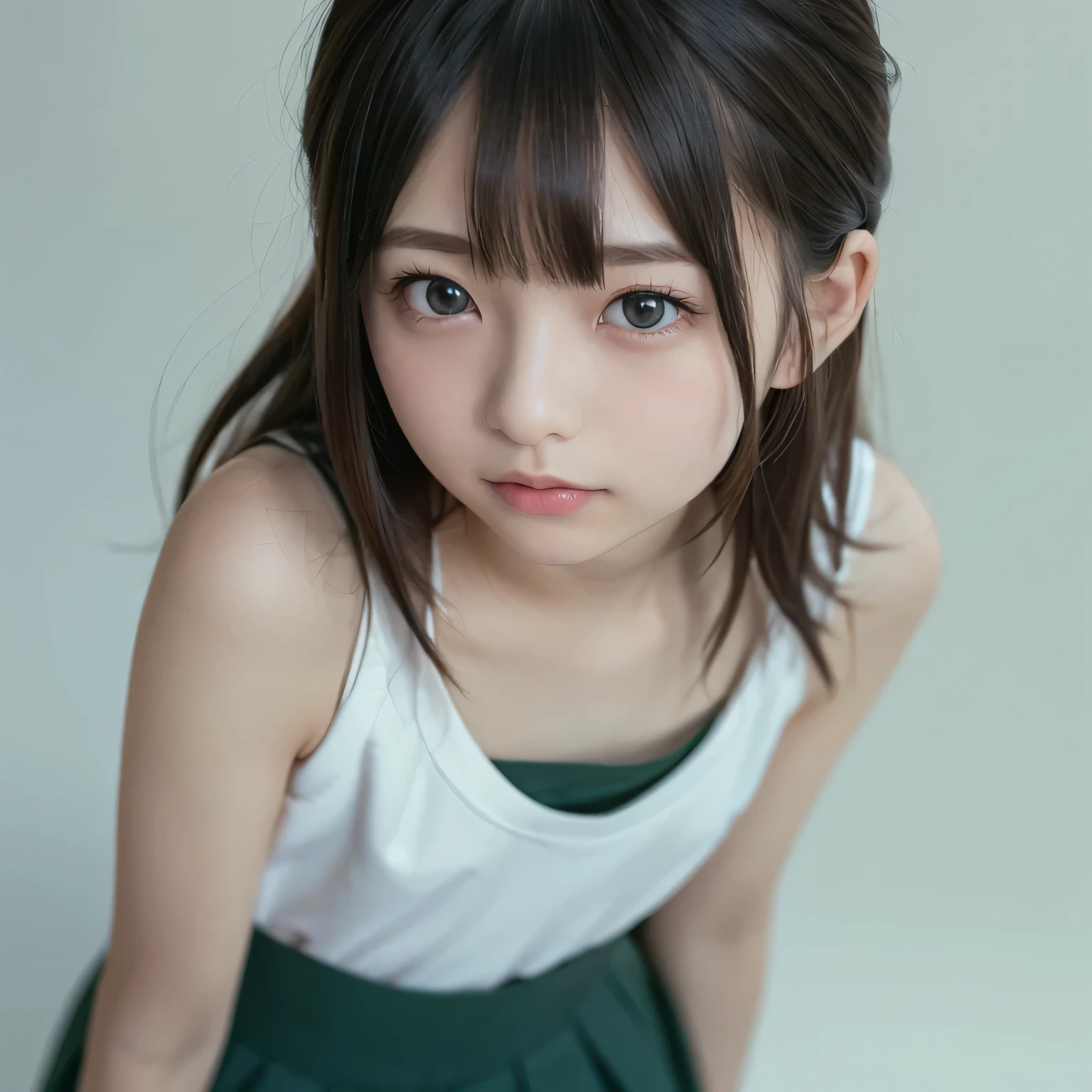 ((Live 2D)) Masterpiece, one girl outside running , 、 full body , Standing straight , , cute japanese high school uniform, viewers, detailed face , girl with green 、(((Straight hair down to the shoulders))), (((Short Hime Cut))), , gradation hair, MULTI-COLOR HAIR , small smile , Turquoise Hair Tips, wavy hair, gradient eyes , orange eyes , ( simple background, white background : 1.3)、((( upper body photo))),((( small smile )))、((( face swells))),(((Round face))),((( skinny))),(((flat chest))),((( face close-up)))