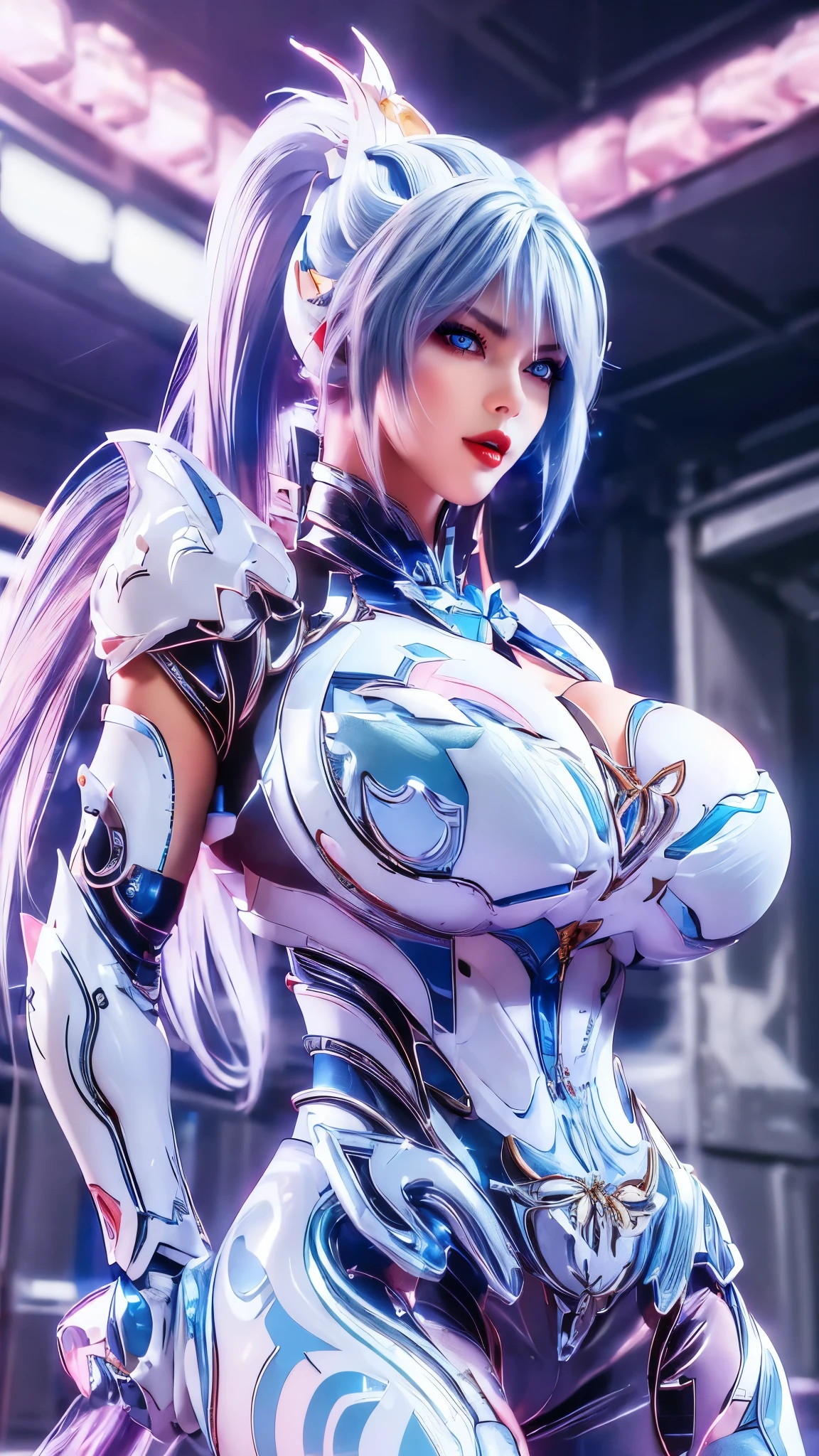 A beauty girl with ((blue and pink multiple colour long ponytail hair:1.5)), 1GIRL, (MECHA GOLDEN DRAGON HELM:1),((HUGE FAKE BREASTS,CLEAVAGE:1.5)), (11 line ABS:1.3), ((MECHA GUARD ARMS,LED BODY:1.1)), (BLUE SHINY FUTURISTIC MECHA BRA,WHITE SKINTIGHT MECHA SUIT:1.5), (PERFECT THICK BODY, GLOWING BODY SKIN:1.1), (LOOKING AT VIEWER:1.3), (HALLWAY OF FUTURISTIC SPACE STATION:1), (BRIGHT LIGHT WHITE_ROOM:1.3), HYPER TEXTURE, UNREAL ENGINE RENDER, PHYSICALLY-BASED RENDERING, ULTRA HIGHT DEFINITION, 16K, DSLR, 1080P.