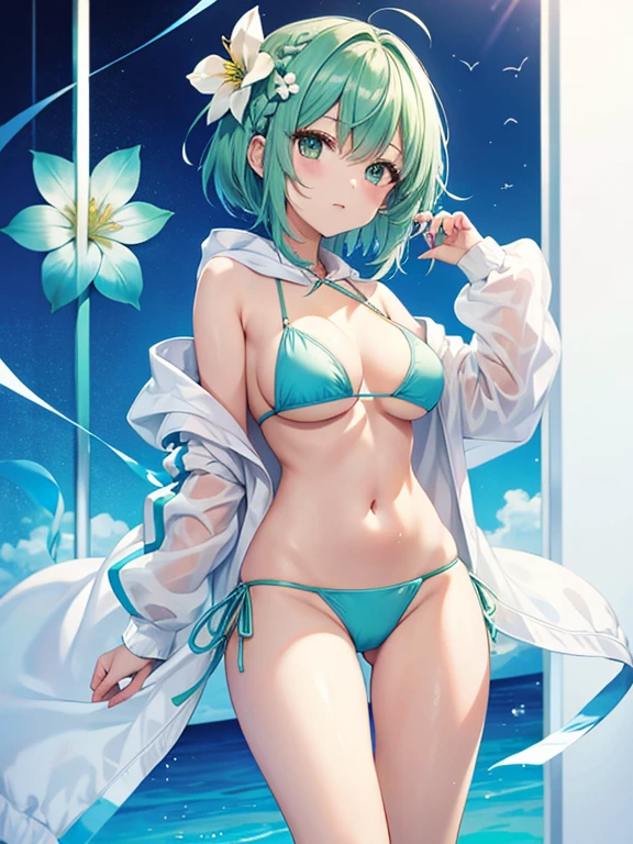 , masterpiece, highest quality、space background、green hair、bob cut with trimmed ends、flat chest、thin crotch、belly button、white cloak with pink pattern、pointed nipples、white panties、(((sleep)))、transparent clothes、((White semen drips from the crotch))、(((masturbation)))、white beret、puddle at your feet、Trembling with sexual climax、A lot of pink hearts pop out from the crotch..、protruding chest、Enhance contrast、sharp lines、Extremely precise depiction、,{{touch the erect clitoris with your hand}}、Open your、butthole、