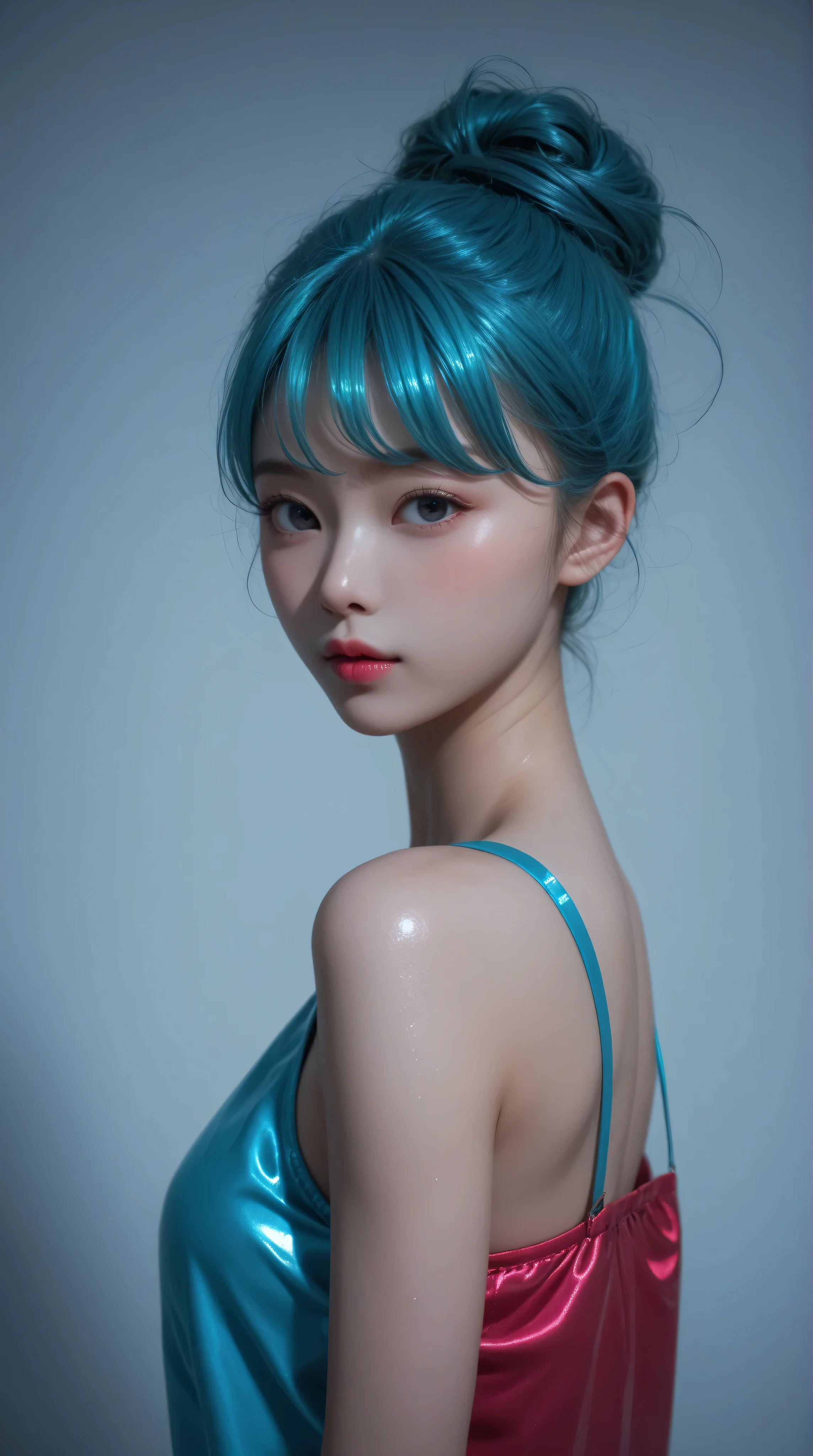 Kizi girl，Highly detailed, Amazing work，Vitreous luster,((clean backdrop))，In pink，(((blue colors)))，green color，red colour，Best quality at best，clean backdrop, shiny skin, very young asian girl, petite, slender, perfect , , heavy blushing, submissive, 