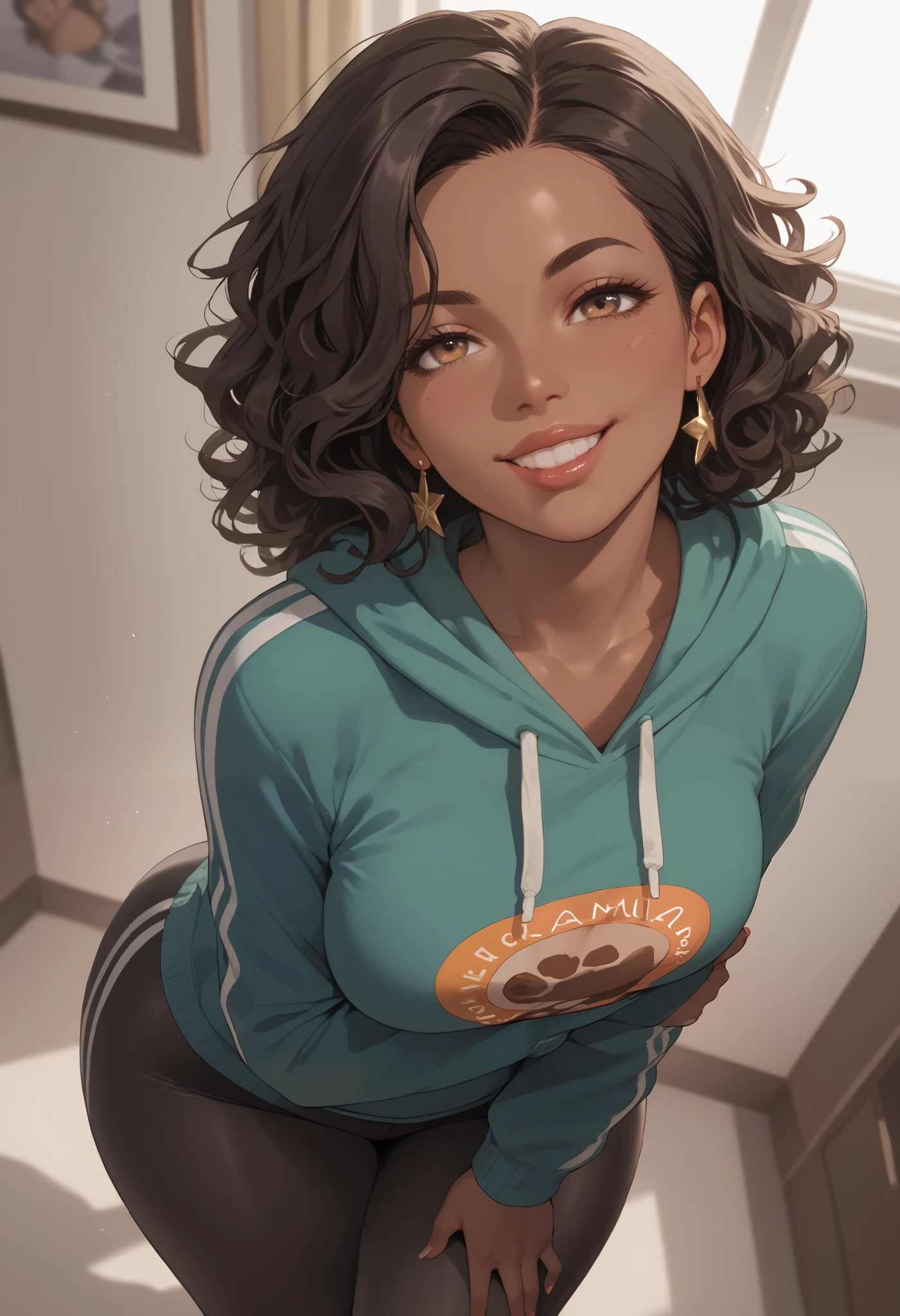 a single person in this image..Almond-eyed Dark Mocha-skin tonned African-American woman with Short dark curly hair, juicy lips, a large chest, thick thighs, Perfect hands, . She is standing Alone. She is wearing a sweatshirt with black tights. She has a seductive grin while looking up with her arms open prepared for a hug at viewer. Her face is in the foreground.Above view