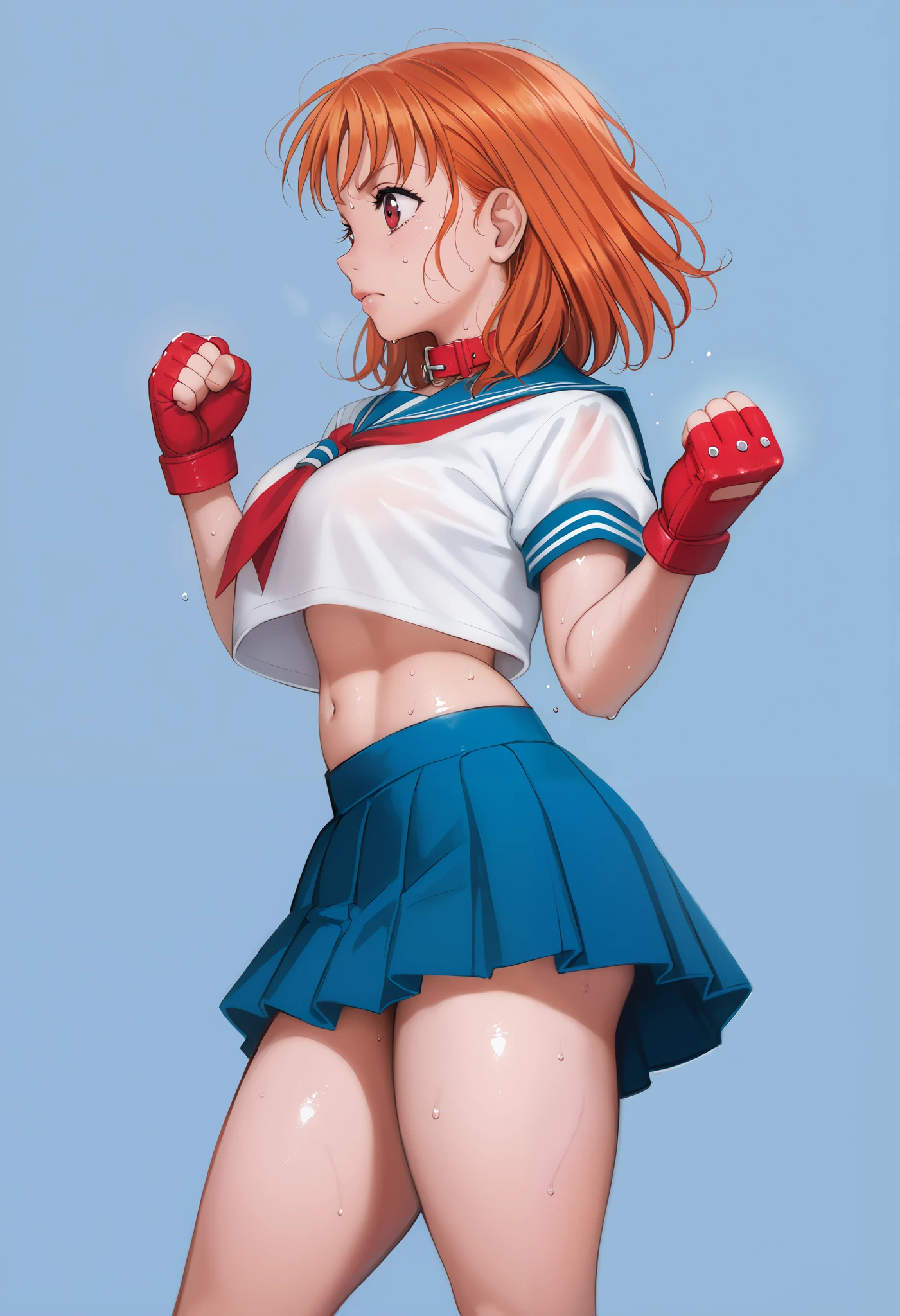 Solo,1girl, takami chika, medium hair, orange hair, red eyes,standing, sporty athletic build, confident pose, big breasts, breasts outlines, score_9, score_8_up, score_7_up, score_6_up,blue skirt, crop top, midriff, miniskirt, navel, sailor collar, school uniform, short sleeves, skirt, stomach, shirt, white shirt, red fingerless gloves,sweating, detailed body, shiny skin , p4l0m4, web comic,toned thighs, posing, simple background, clenched hands, slightly from side