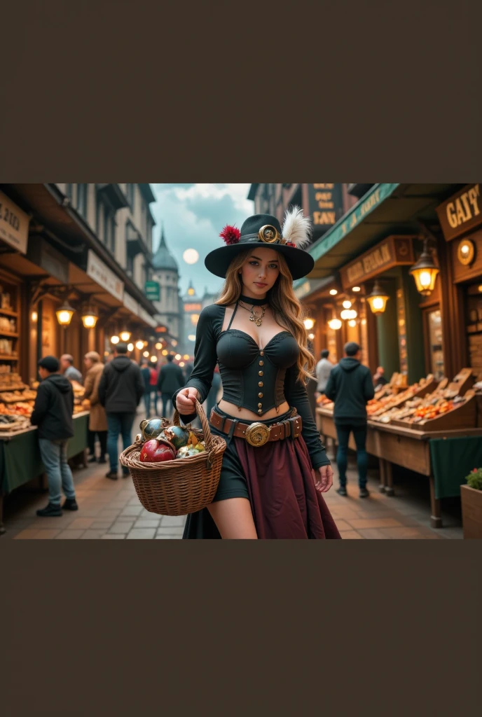 A hyper-realistic macro shot of a steampunk girl striding confidently through a crowded, gaslit street market. She carries a wicker basket filled with peculiar, gleaming artifacts, her eyes scanning the stalls for more treasures. Her outfit is a blend of bohemian and steampunk styles, with a flowing skirt, a corset adorned with buckles, and a wide-brimmed hat festooned with feathers and gears. The lighting is a mix of warm lantern glow and cool moonlight, casting a kaleidoscope of colors on the bustling scene. The environment is filled with the chatter of vendors and the clink of coins changing hands. The perspective is from the front, capturing her confident smile and the vibrant energy of the market around her.