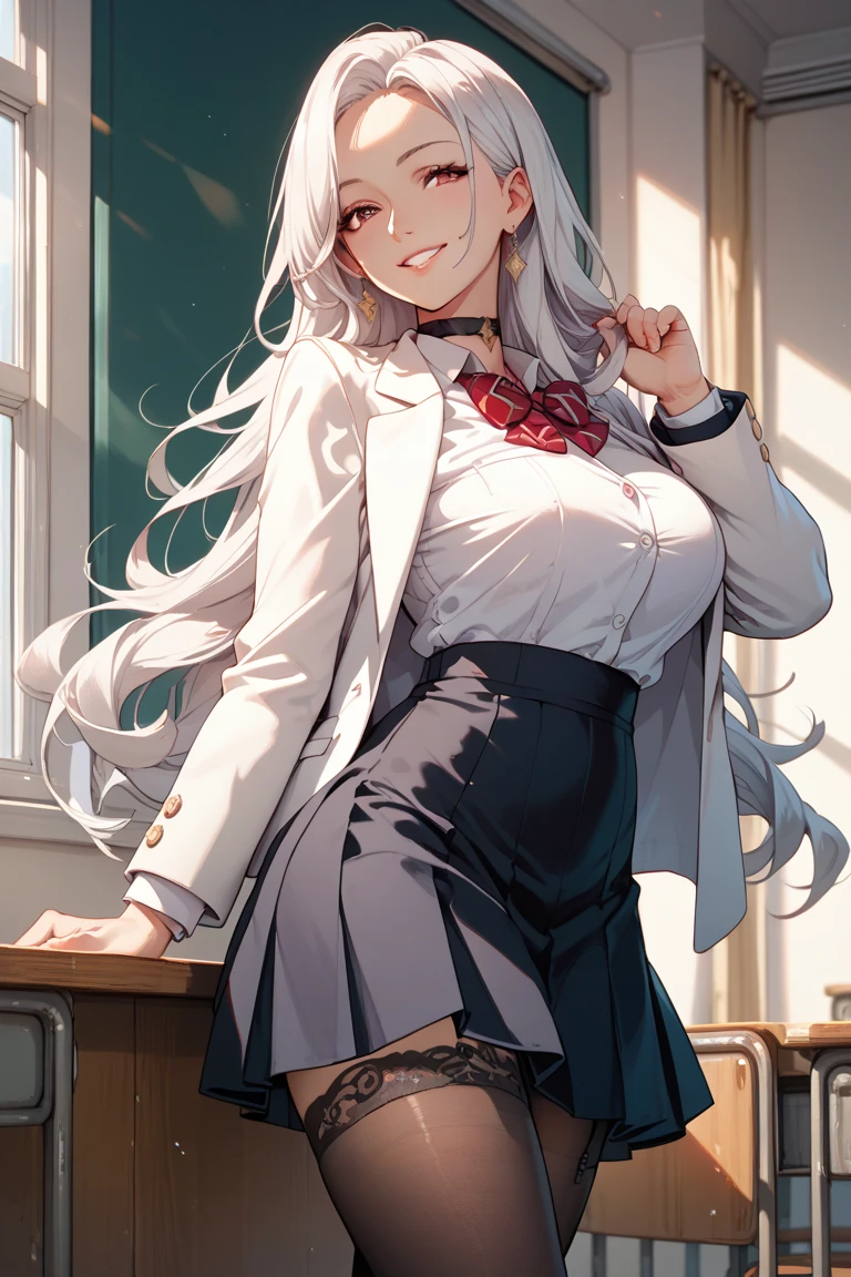 ((1 girl:1.5))、(smile:1.5)、、(cowboy shot)、(fun!!)、(white cardigan:1.5)、(dog ears)、(silver hair)、blush、(long hair)、(eye highlights:1.3)、blake black shoes,(黒いskirt:1.5)、bow, button, shirt with collar, long sleeve, ((red bow tie, ,, white shirt, チェック柄のskirt:1.5、white socks)),, shirt,, skirt, socks, thighs, white shirt, Rest indoors, ((classroom:1.5))、 BREAK while watching the audience、 (perfect hands, perfect anatomy),cowboy shot、(skirtlift:1.3),(highly detailed white panties:1.3)、(highly detailed panties:1.3)、、(skirt that rolls up:1.3)、(fully exposed panties:1.5)、light blue eyes