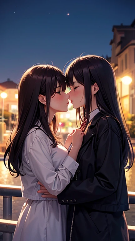 masutepiece、hyper quality, Hyper Detailed,Perfect drawing,nffsw,3D,8K Illustration、Hi-Res、Two beautiful girls、Yukata、Komono、Stand on the breakwater、Close your eyes、the kiss、French Kissing、Horizon、shores、Sparkling water surface、skyrocket、Summer Night Sky、beatiful backgrounds、Accurate drawing、Detailed drawing