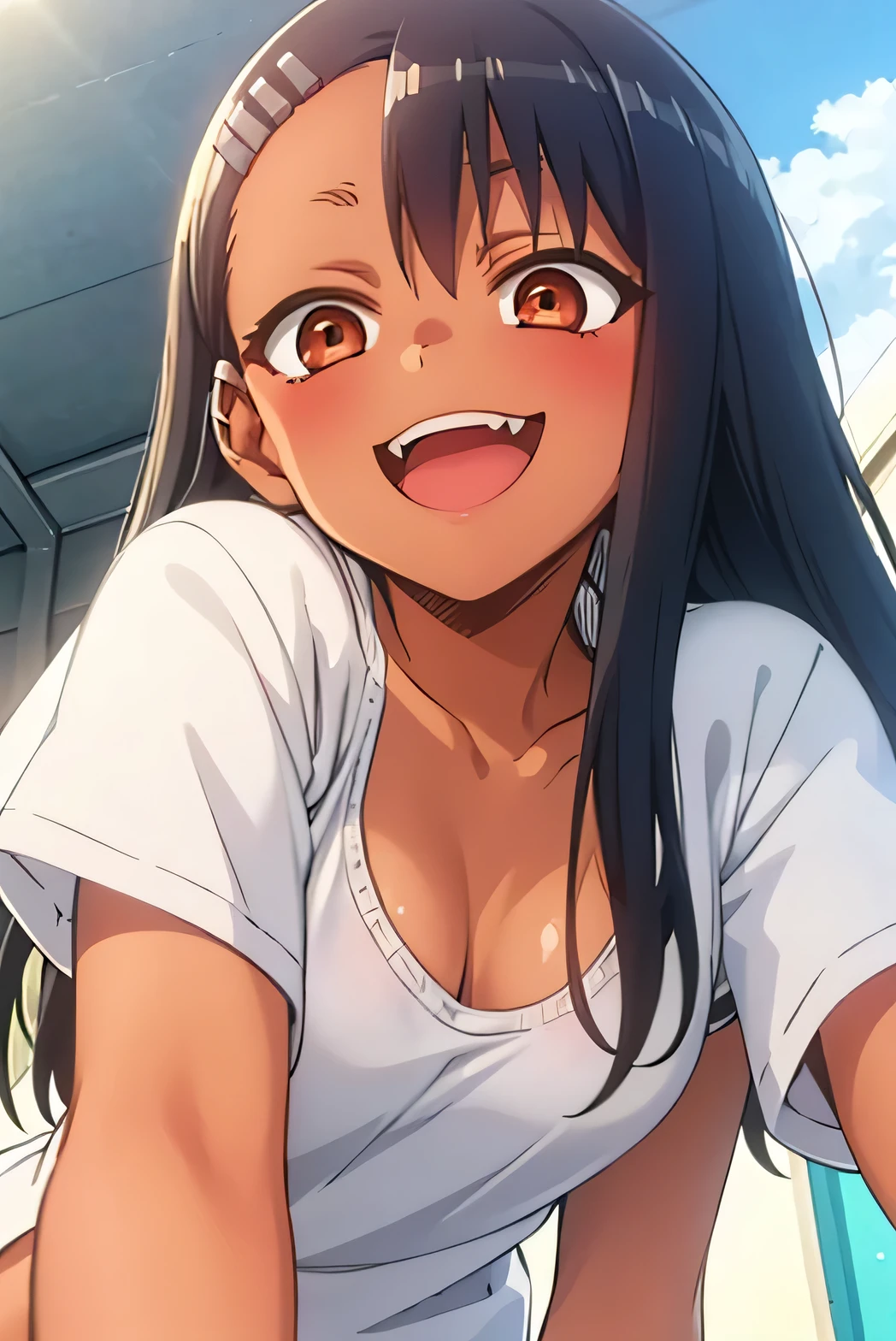 ((best quality)), ((masterpiece)) (detailed), perfect face, Ijiranaide, Nagatoro-san, 1 girl, alone, bare belly, not too big median breasts visible from below, cheerful, no bra, white panties, white t-shirt, white t-shirt open in the middle, slightly exposed breasts, sunny weather, beach side, detailed lighting