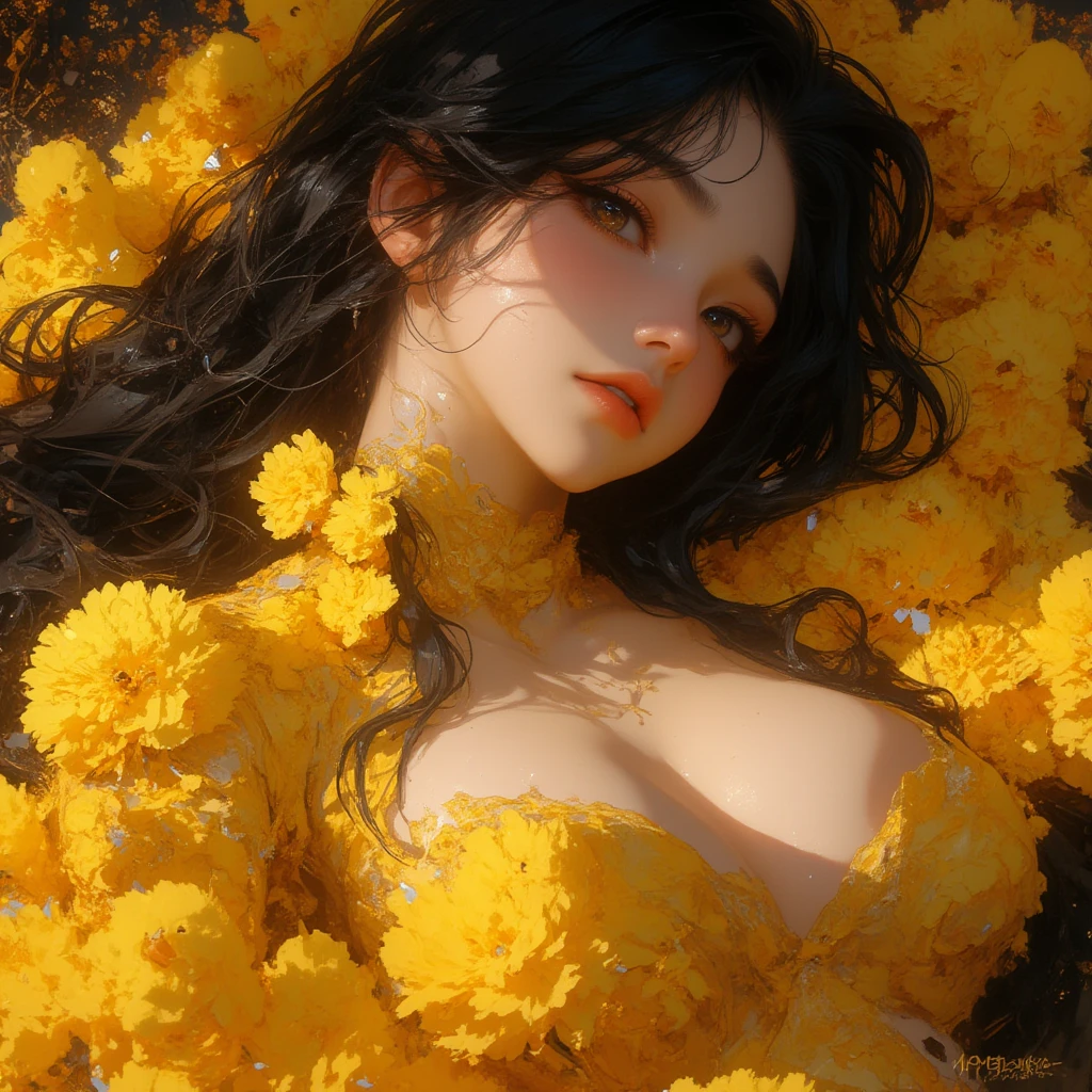 digital style, anime aesthetics, thailand art, Aurora Punk, Mono-ha, ((masterpiece)), (best quality), moon goddess , Big breasts,High cut split swimsuit,thong,Show your neck,bare shoulders,Show belly button,camel toe exposed,big eyes, long, thick eyelashes, plump lips, dark red eyes, hair long and thick, high ponytail, chubby, flowery_background, Intricate designs and patterns in the style of Alphonse Mucha.