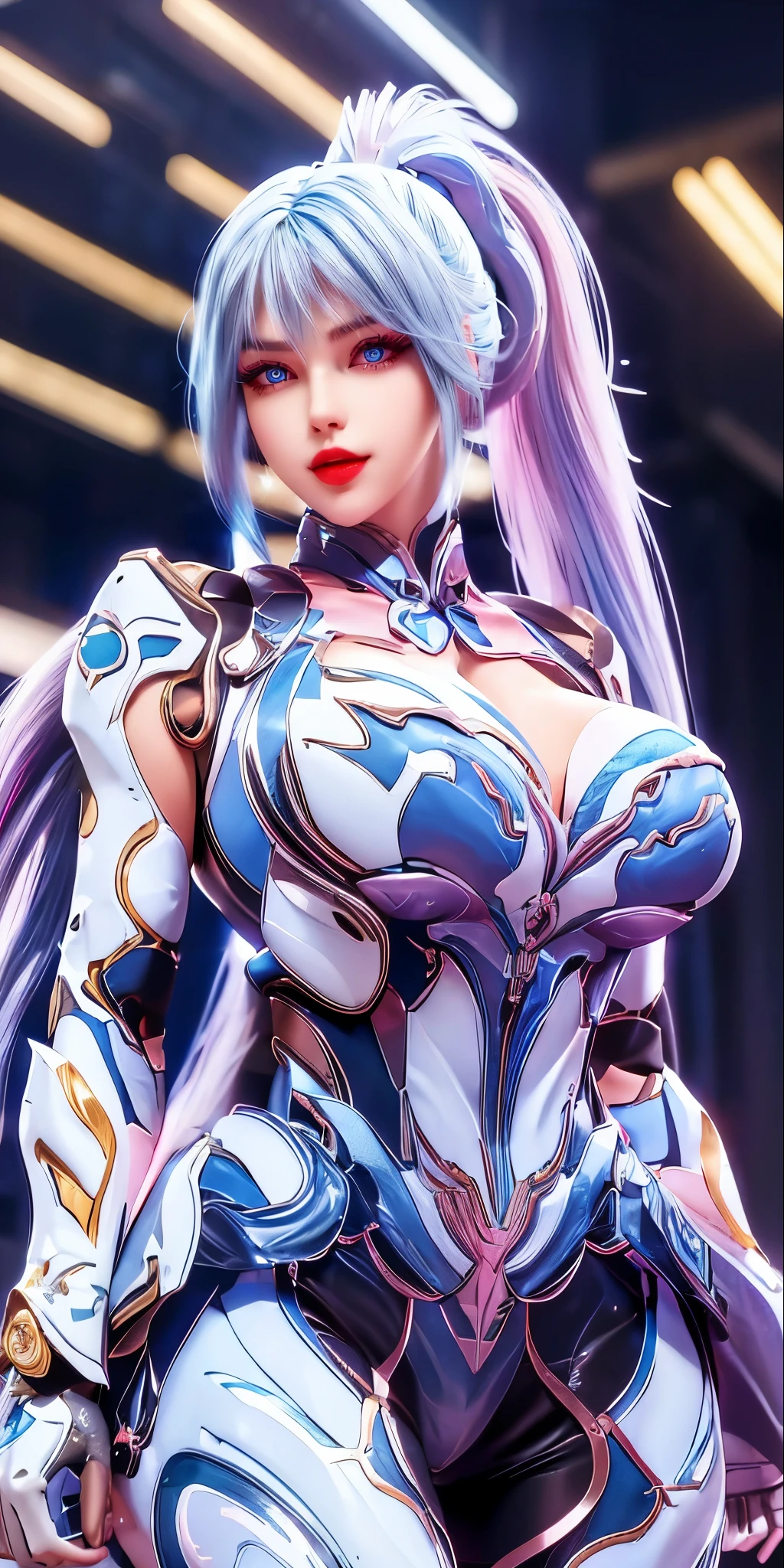 A beauty girl with ((blue and pink multiple colour long ponytail hair:1.5)), 1GIRL, (GOLDEN BUTTERFLY ACC:1),((HUGE FAKE BREASTS,CLEAVAGE:1.5)), (11 line ABS:1.3), ((MECHA GUARD ARMS,LED BODY:1.1)), (BLUE SHINY FUTURISTIC MECHA BRA, WHITE SKINTIGHT MECHA SUIT:1.5), (PERFECT BODY, GLOWING BODY SKIN:1.1), (LOOKING AT VIEWER:1.3), (HALLWAY OF FUTURISTIC SPACE STATION:1), (BRIGHT LIGHT WHITE_ROOM:1.3), HYPER TEXTURE, UNREAL ENGINE RENDER, PHYSICALLY-BASED RENDERING, ULTRA HIGHT DEFINITION, 16K, DSLR, 1080P.