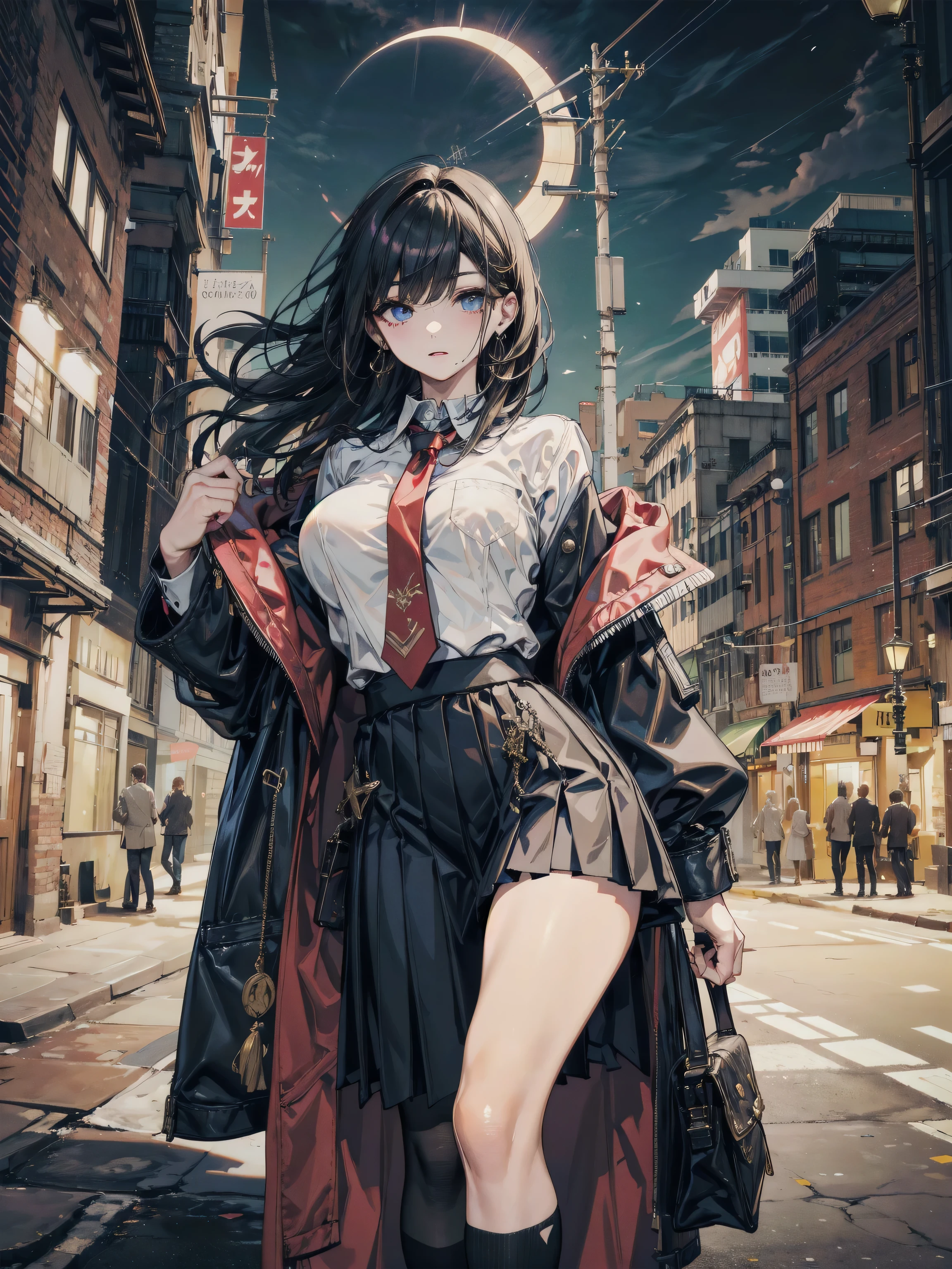 Vampire Woman、In the moonlight、Walk gracefully along bustling urban boulevards。Men are fascinated by her presence、a scene from a movie