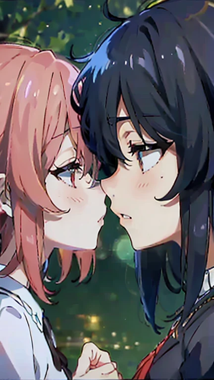 Two girls kissing, one with pink hair and green eyes, another with black hair and gray eyes.