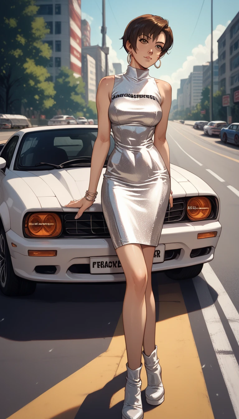 Reiko, Ridge Racer, sexy, silver dress, Standing on road, leaning on sports car, medium breasts