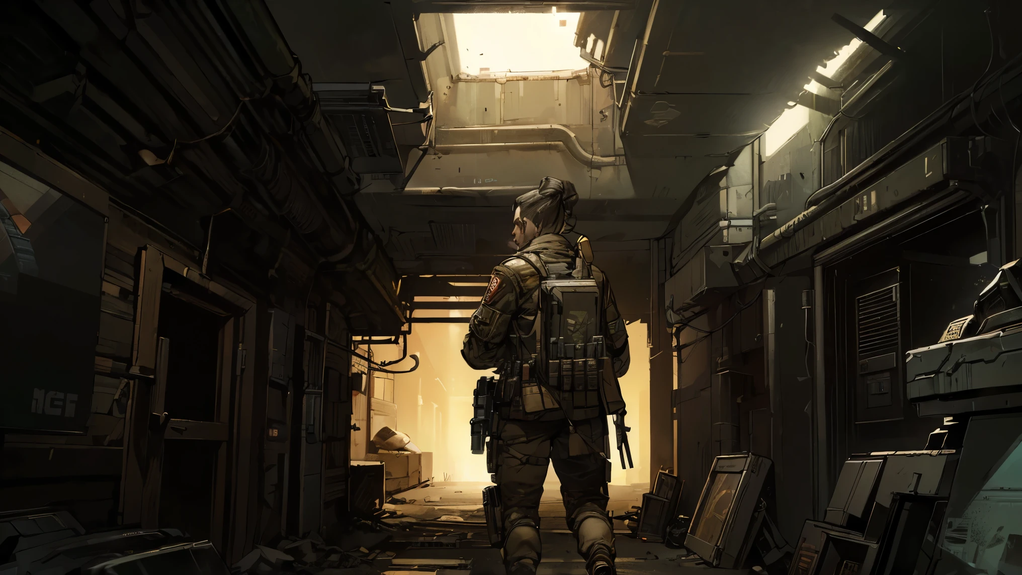 ((borderlands style art, Outliner Effect, first person shooter gameplay, fps game)), spaceship interior scene, dark environment, fps gameplay style, fury gun, high quality, 4k, ultra hd, (fps game shows a futuristic gun in the foreground)