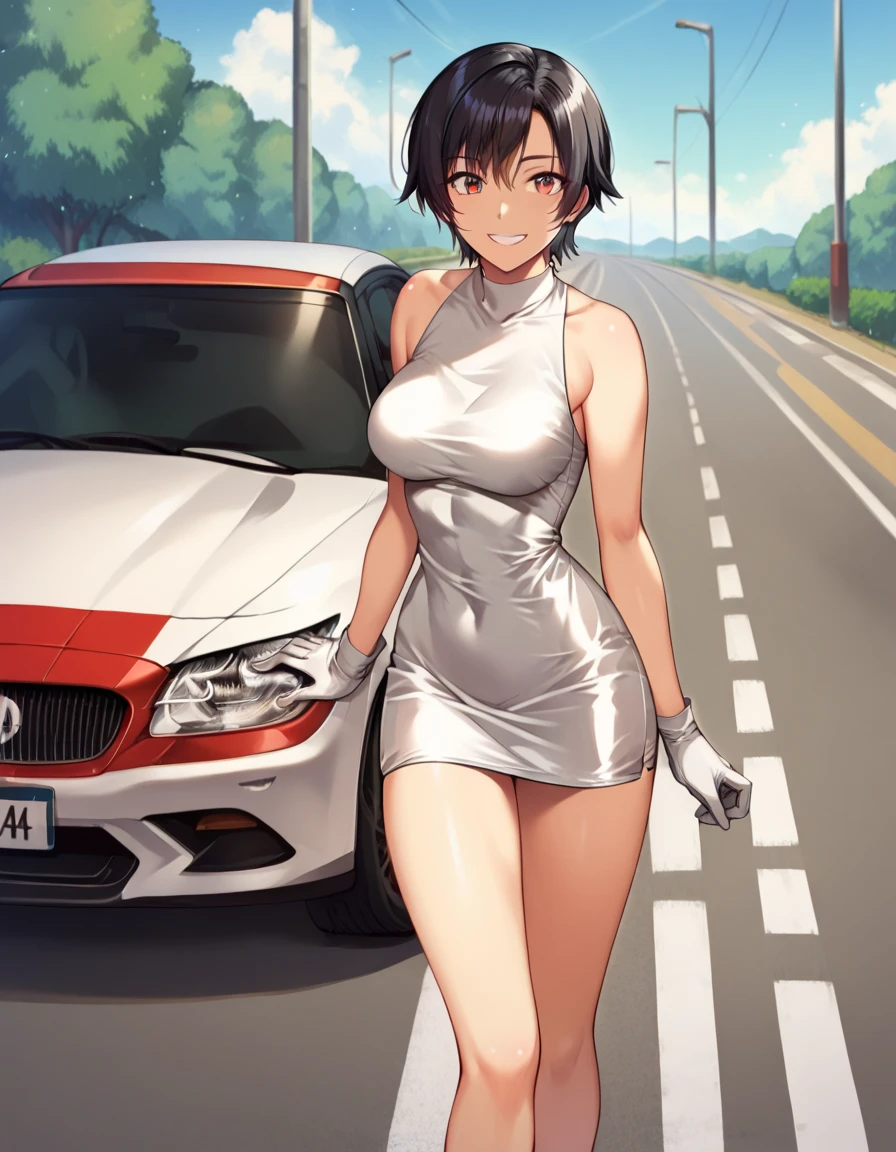 Nagase Reiko, Japanese woman, Short black hair, smiling, Ridge Racer, sexy, silver dress, short dress, red triangles on bottom of dress, silver gloves,  Standing on road, leaning on sports car, medium breasts, close up