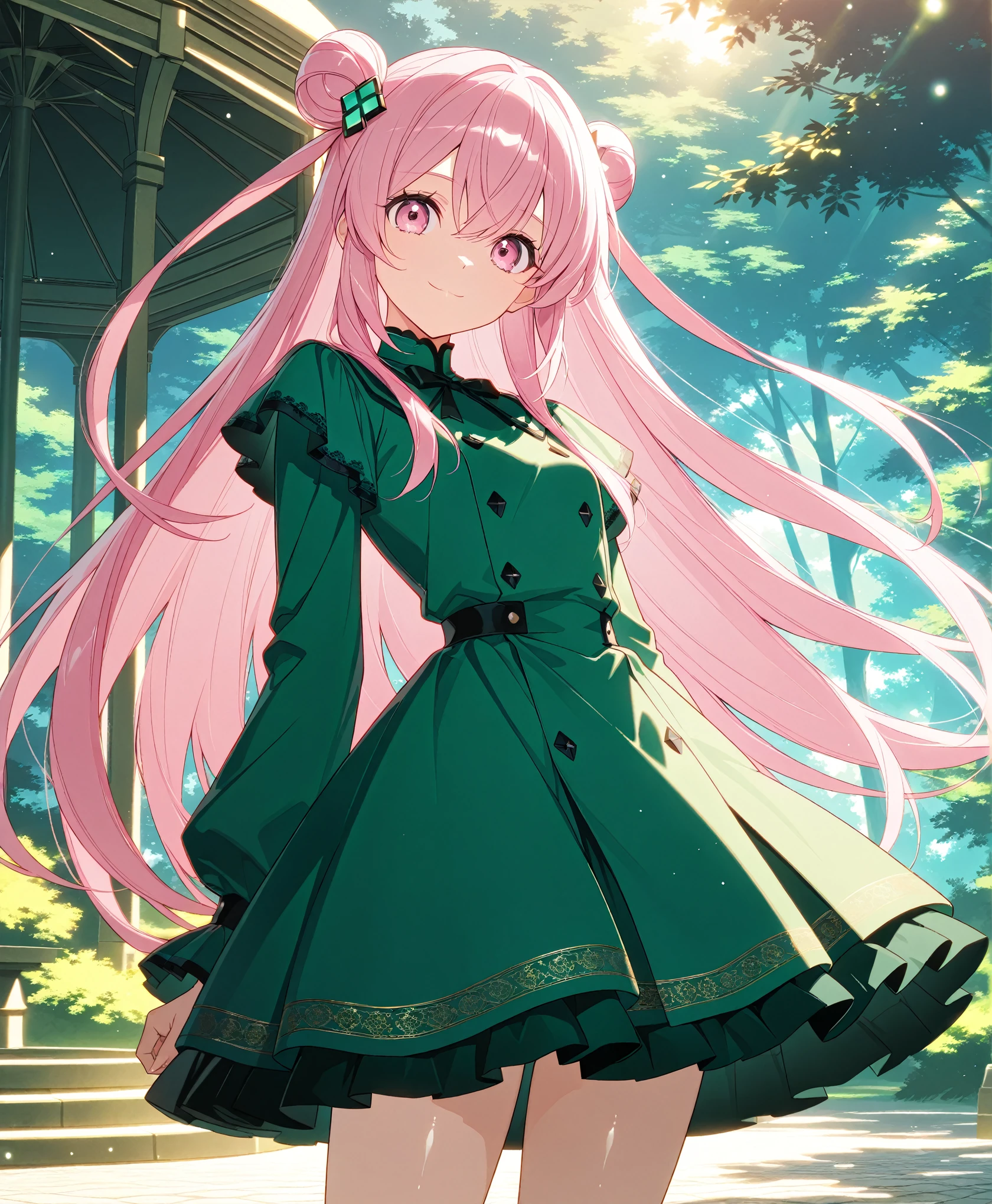 score_9, score_8_up, score_7_up, masterpiece, absurdres, source_anime,safe, 1girl, solo, adult, girl focus, adult, very detailed expressive eyes, very detailed eyes, aesthetic eyes, bright eyes, (bright pink eyes),  pink eyes, beautifully styled hair, very detailed hair, straight hair, bright pink hair, long hair, hair between eyes, (hair styled straight),  (two small hair buns), (straight hair),  loose hair,styled hair,  little smile, looking at viewer, (small breasts), shiny skin, healthy skin colour, BREAK
(green dress, hair ornament),  standing,  half body, cowboy shot, BREAK
outdoors, nature, gazebo, BREAK
HDR, 8K, masterpiece, best quality, amazing quality, very aesthetic, high resolution, ultra-detailed, absurdres, newest, scenery, 
aesthetic detailed background, best quality, game cg aesthetics,
 beautiful detailed eyes, detailed skin, detailed hair, light particles,  depth of field, natural shadows, 
(masterpiece), ultra-detailed, 1024k UHD wallpaper, ultra-high resolution, depth of field, HDR, Ray tracing, RTX, high saturation, photon mapping, best texture quality, best compotitions, (extremely detailed CG 1024k wallpaper), High Details, Detailed face, Detailed Clothes, Ultra HD Photo, Perfect Face, expressive eyes, bright colours