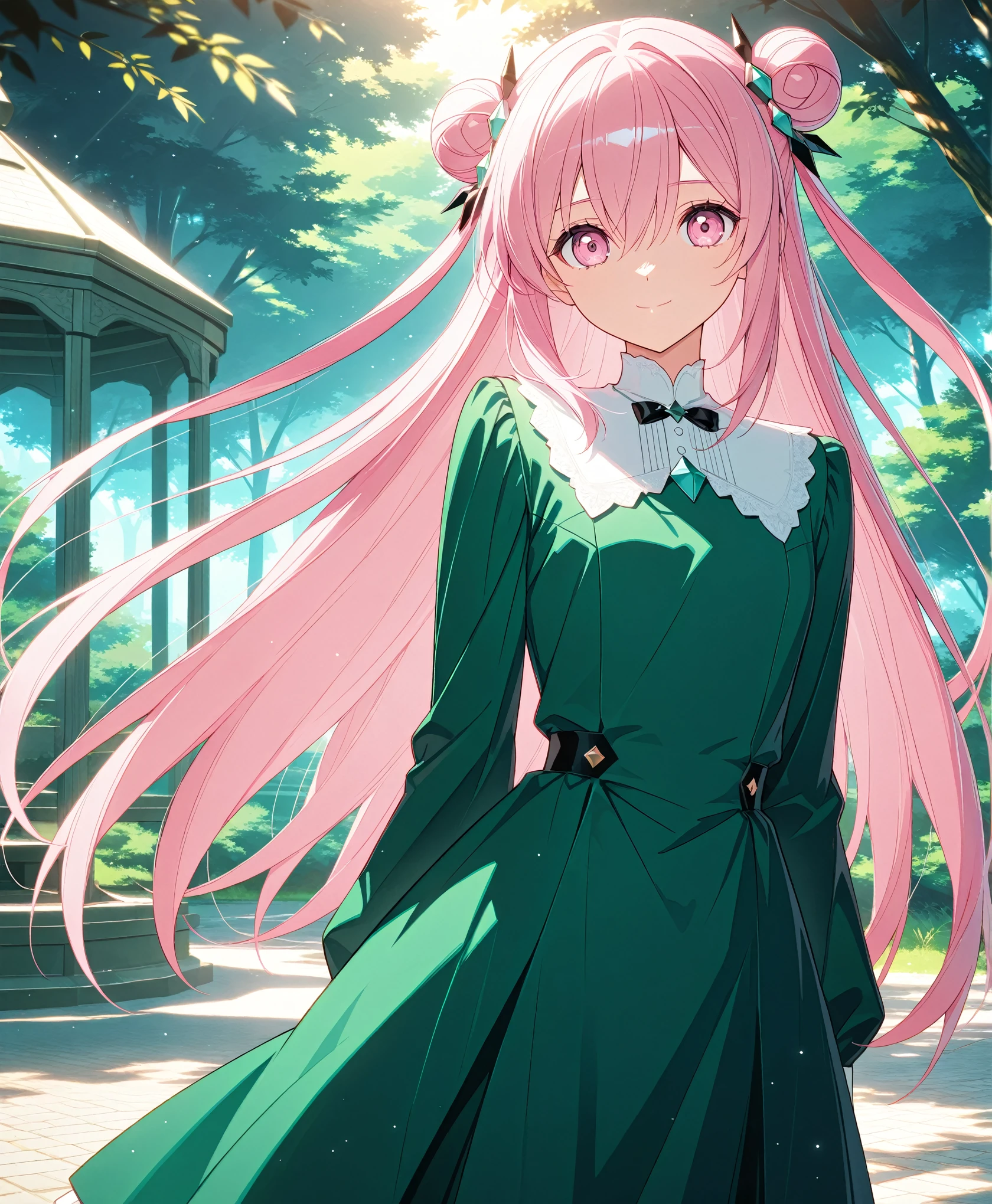 score_9, score_8_up, score_7_up, masterpiece, absurdres, source_anime,safe, 1girl, solo, adult, girl focus, adult, very detailed expressive eyes, very detailed eyes, aesthetic eyes, bright eyes, (bright pink eyes),  pink eyes, beautifully styled hair, very detailed hair, straight hair, bright pink hair, long hair, hair between eyes, (hair styled straight),  (two small hair buns), (straight hair),  loose hair,styled hair,  little smile, looking at viewer, (small breasts), shiny skin, healthy skin colour, BREAK
(green dress, hair ornament),  standing,  half body, cowboy shot, BREAK
outdoors, nature, gazebo, BREAK
HDR, 8K, masterpiece, best quality, amazing quality, very aesthetic, high resolution, ultra-detailed, absurdres, newest, scenery, 
aesthetic detailed background, best quality, game cg aesthetics,
 beautiful detailed eyes, detailed skin, detailed hair, light particles,  depth of field, natural shadows, 
(masterpiece), ultra-detailed, 1024k UHD wallpaper, ultra-high resolution, depth of field, HDR, Ray tracing, RTX, high saturation, photon mapping, best texture quality, best compotitions, (extremely detailed CG 1024k wallpaper), High Details, Detailed face, Detailed Clothes, Ultra HD Photo, Perfect Face, expressive eyes, bright colours