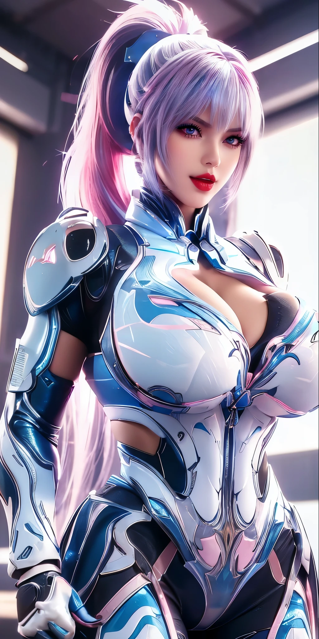 A beauty girl with ((blue and pink multiple colour long ponytail hair:1.5)), 1GIRL, (GOLDEN BUTTERFLY ACC:1),((HUGE FAKE BREASTS,CLEAVAGE:1.5)), (11 line ABS:1.3), ((MECHA GUARD ARMS,LED BODY:1.1)), (BLUE SHINY FUTURISTIC MECHA BRA, WHITE SKINTIGHT MECHA SUIT:1.5), (PERFECT BODY, GLOWING BODY SKIN:1.1), (LOOKING AT VIEWER:1.3), (HALLWAY OF FUTURISTIC SPACE STATION:1), (BRIGHT LIGHT WHITE_ROOM:1.3), HYPER TEXTURE, UNREAL ENGINE RENDER, PHYSICALLY-BASED RENDERING, ULTRA HIGHT DEFINITION, 16K, DSLR, 1080P.