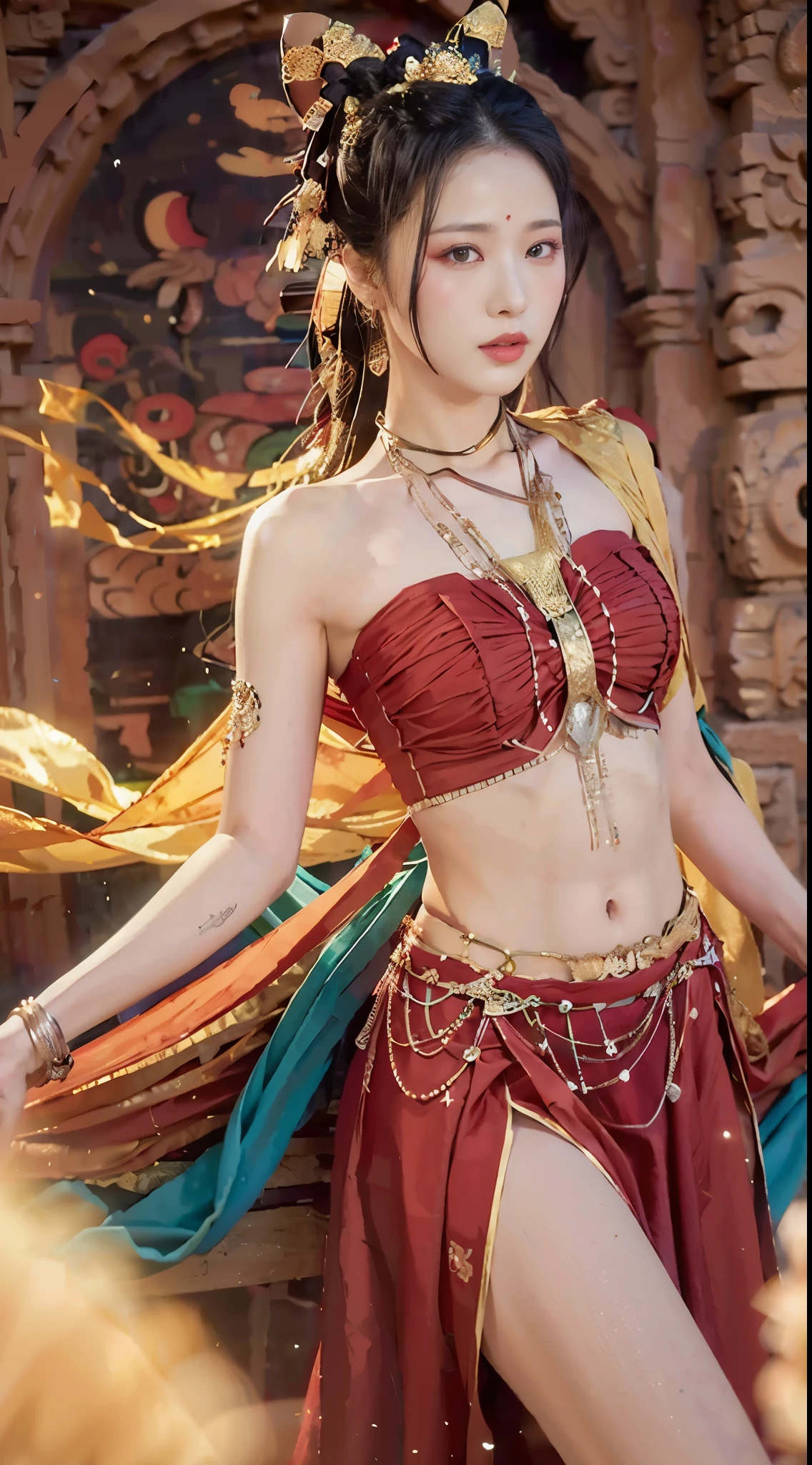 (raw photos:1.2), (realistic:1.4), (Masterpiece:1.3), (best quality:1.4), Ultra high resolution, (Detailed eyes), (Detailed facial features), (Detailed clothing features), HDR, 8K resolution, Focus only, Dressing according to Thai tradition, Strapless, Thai female warrior, Tabengman, 1 woman , big breasts, A gigantic rift, big breastsดันเสื้อผ้า, big breast, The breasts are fully grown.., Make your breasts bigger.., small waist, Long legs, Facing the audience, Full body, depth of field, Cinema-grade lighting system, big breasts, Your breasts are too big for your body., Revealing a flat stomach, The lower half of the chest can be seen.., sexy sitting position, Sitting on a palanquin, Image from a very low angle, holding an ancient sword