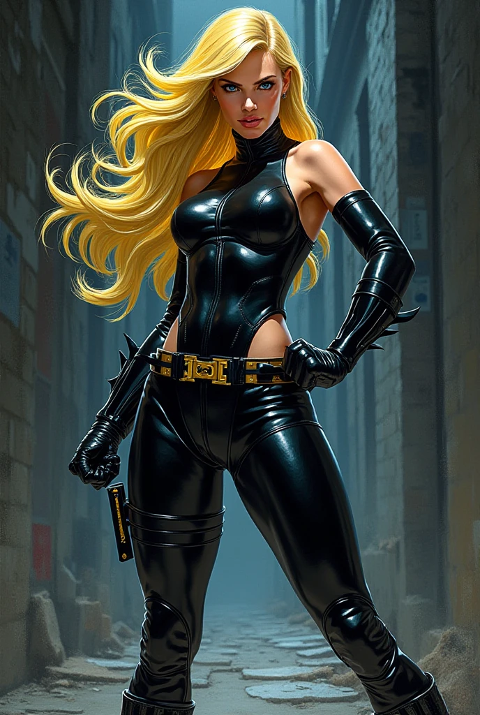 masterpiece,best quality,highres,realistic,1girl,full body,<lora:Black Canary:0.6>, blonde_hair,long_hair,fishnet_legwear,pantyhose,gloves,choker,jacket,fishnet_bodysuit,
