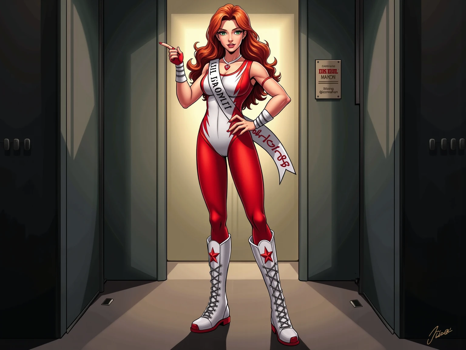 Comic book style image of 1 female.  Height: 5’9”

Build: Athletic and toned, emphasizing her strength and agility.

Hair: Long, flowing auburn hair styled in loose waves.

Eyes: Bright green eyes, radiating confidence and passion.

Complexion: Fair, with a healthy rosy undertone, enhancing her vibrant persona.


Promo Attire

Outfit Theme: Strength and energy, symbolizing her unwavering determination.

Top: A fitted white leotard with bold red accents along the sides, showcasing her energy and passion.

Tights: Vibrant red tights, said to give her an extra boost of energy, catching the light with a faint shimmer.

Boots: White knee-high wrestling boots with red laces and a matching red star emblem on each side.

Accessories:

White wristbands with red trim.

A matching white and red sash draped across her shoulder for a regal touch.

A small red pendant necklace shaped like a heart, symbolizing her dedication to her fans and values.



Expression and Pose

Pose: Standing tall with one hand on her hip and the other pointing directly toward the camera, as if addressing both Lilith and the audience.

Expression: Fierce yet approachable, with a determined set to her jaw and a confident gleam in her bright green eyes.

Carol Ann stands in the center of a well-lit backstage area. Behind her, the flicker of light contrasts the encroaching darkness symbolizing the Rising Shadows’ influence. She’s wearing her updated red-and-white attire, with her vibrant red tights catching the light, exuding energy and determination. A plaque featuring the name of her elite sponsor, @jocmahon, is subtly displayed in the background.
