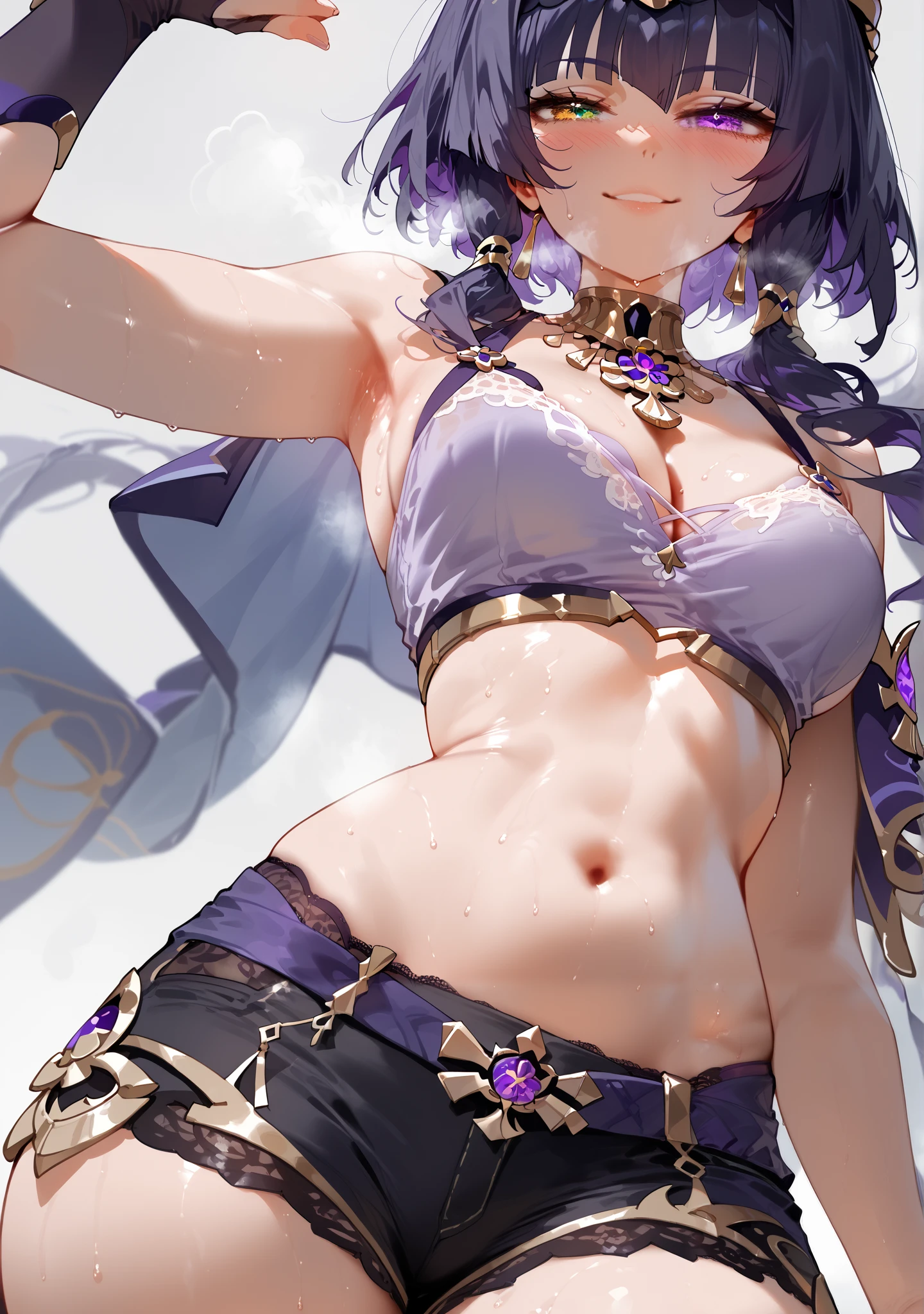 score_9, score_8_up, score_7_up, 1 girl, Candace (genshin_impact), (high detailed face and clothes), detailed clothes, genshin_impact, flood style, steam, steaming body, dynamic random sexy pose, sweat, high resolution, deep breath, grey background, solo, blush, (top shot, upper angle), random sexy pose, small puffy breasts, (white and purple top, cleavage, purple lace shorts), sexy, seductive, smiling,candace-dh, heterochromia, right pupil is blue and other is golden.