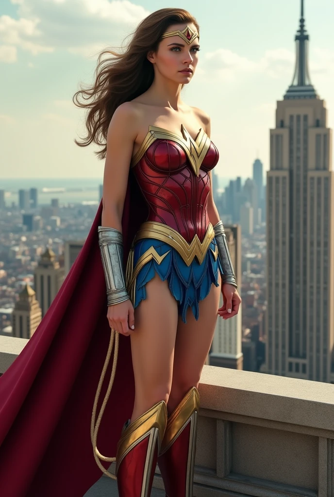(masterpiece, top-quality, hightquality, hight resolution), Cinematic soft lighting、Illuminate the amazingly detailed and ultra-realistic Wonder Woman trending on ArtStation。octane、It's the perfect tool to capture the softest details of this 16k photography masterpiece、New York City、suburb、Dress up like Wonder Woman、(blue cloak、disccircularshielded),、Long Wave Hair、(view from back)、