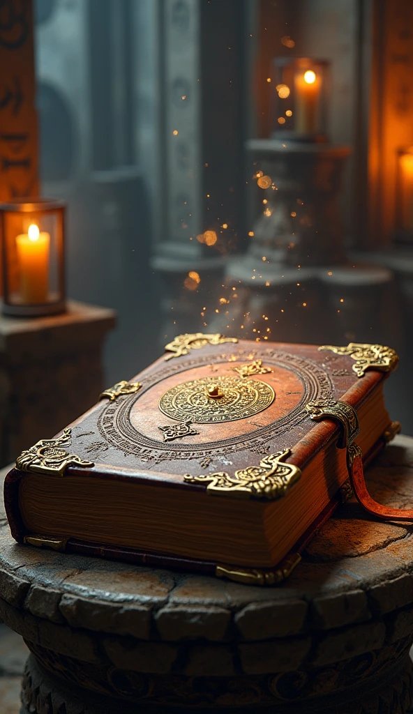 Horror theme Measurements: Image in 1920x1080 pixels (16:9 ratio).
colors: Gold and sepia tones, with a touch of mystical blue.
scenery: An open old book on an aged wooden table, with golden alchemical symbols floating around. Soft, illuminated light focused on the book, with a dark and blurred background.