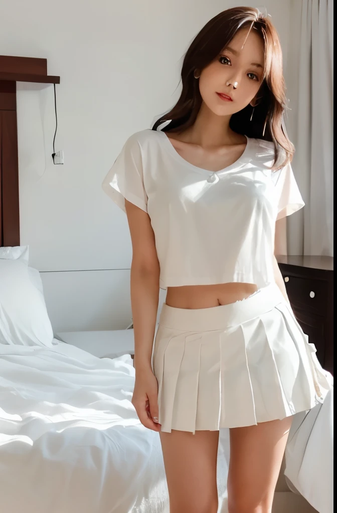 masterpiece, best quality, illustration, Super detailed, fine details, High resolution, 8K,wall paper, perfect dynamic composition,(Details High quality, realistic depiction of eyes:1.3), Hospital Rooms、White nurse cap、White tights、White nurse uniform、to stand、Hand skirt、Flipping up a white skirt, large breasts,short bob hair, black hair color, Big Natural Color Lip, bold sexy pose, crying a little、cold gaze, Harajuku style、20 year old girl、cute type、lolita、beautiful legs, hposing Gravure Idol