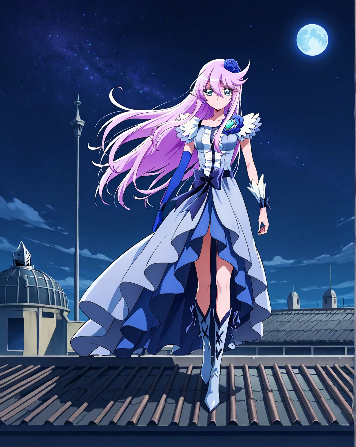 for once，cure moonlight,  purple hair,  long hair,  medium breasts,
  hair flower, Blog,  Single Elbow Glove ,  single wrist cuff  ,  dress,Waist Bow  ,  boots,
  1 girl,Alone,
  standing,  full body,
rooftop,  knight , Starry Sky ,moon,
  expressionless,
break, score_9,score_8_  up,score_7_  up,  source_Anime,  top quality  ,Masterpiece, Uncensored Detailed Eye  ,