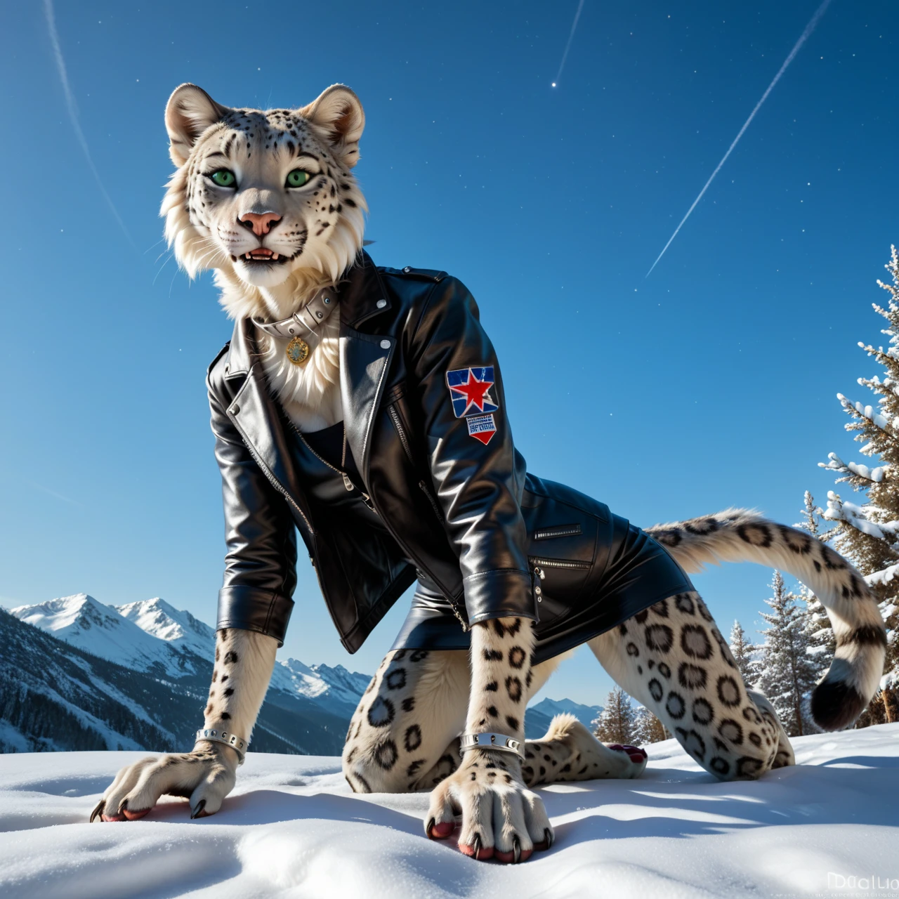 source_furry, source_9, score_8_up, score_7_up, view from below, snow leopard, girl Riding a Star, with mane, anthro, leather jacket, skirt, (detailed background), high quality, furred body, fluffy, silver bracelets on all legs, silver bracelets on the calf, with claws, silver collar with medallion, intense panther-coat-pattern on the entire body, (green eyes), slightly muscled, highly detailed, beautiful, photorealism, photorealistic, dslr, photo, full body, pawpads, paw pads