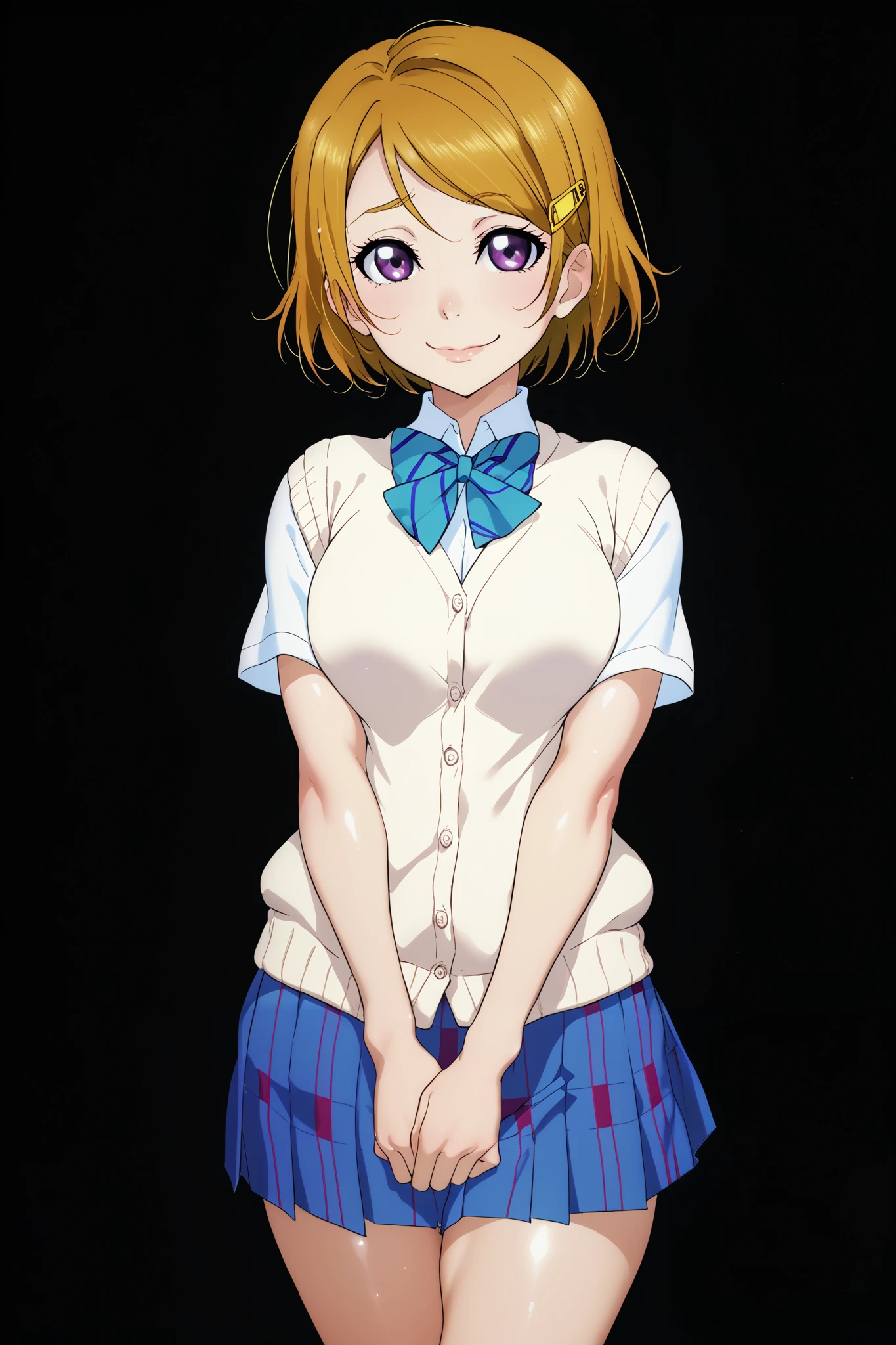 score_9, score_8_up, score_7_up, score_6_up,Shiny skin, koizumi hanayo, purple eyes,big breasts,thighs,hentai, shy smile, school uniform, cardigan,RUKIA Style