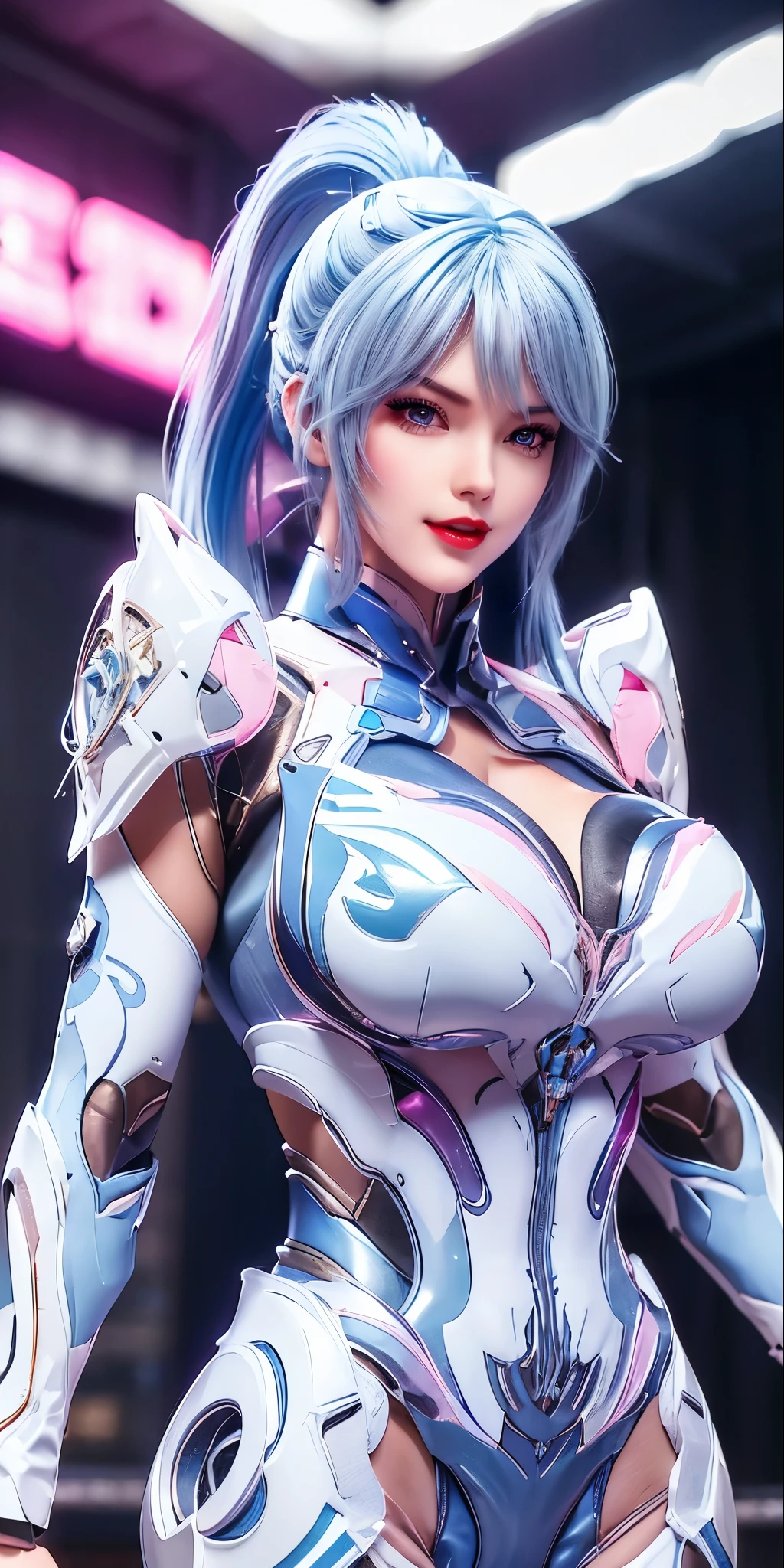 A beauty girl with ((blue and pink multiple colour long ponytail hair:1.5)), 1GIRL, (GOLDEN BUTTERFLY ACC:1),((HUGE FAKE BREASTS,CLEAVAGE:1.5)), (11 line ABS:1.3), ((MECHA GUARD ARMS,LED BODY:1.1)), (BLUE SHINY FUTURISTIC MECHA BRA, WHITE SKINTIGHT MECHA SUIT:1.5), (PERFECT BODY, GLOWING BODY SKIN:1.1), (LOOKING AT VIEWER:1.3), (HALLWAY OF FUTURISTIC SPACE STATION:1), (BRIGHT LIGHT WHITE_ROOM:1.3), HYPER TEXTURE, UNREAL ENGINE RENDER, PHYSICALLY-BASED RENDERING, ULTRA HIGHT DEFINITION, 16K, DSLR, 1080P.