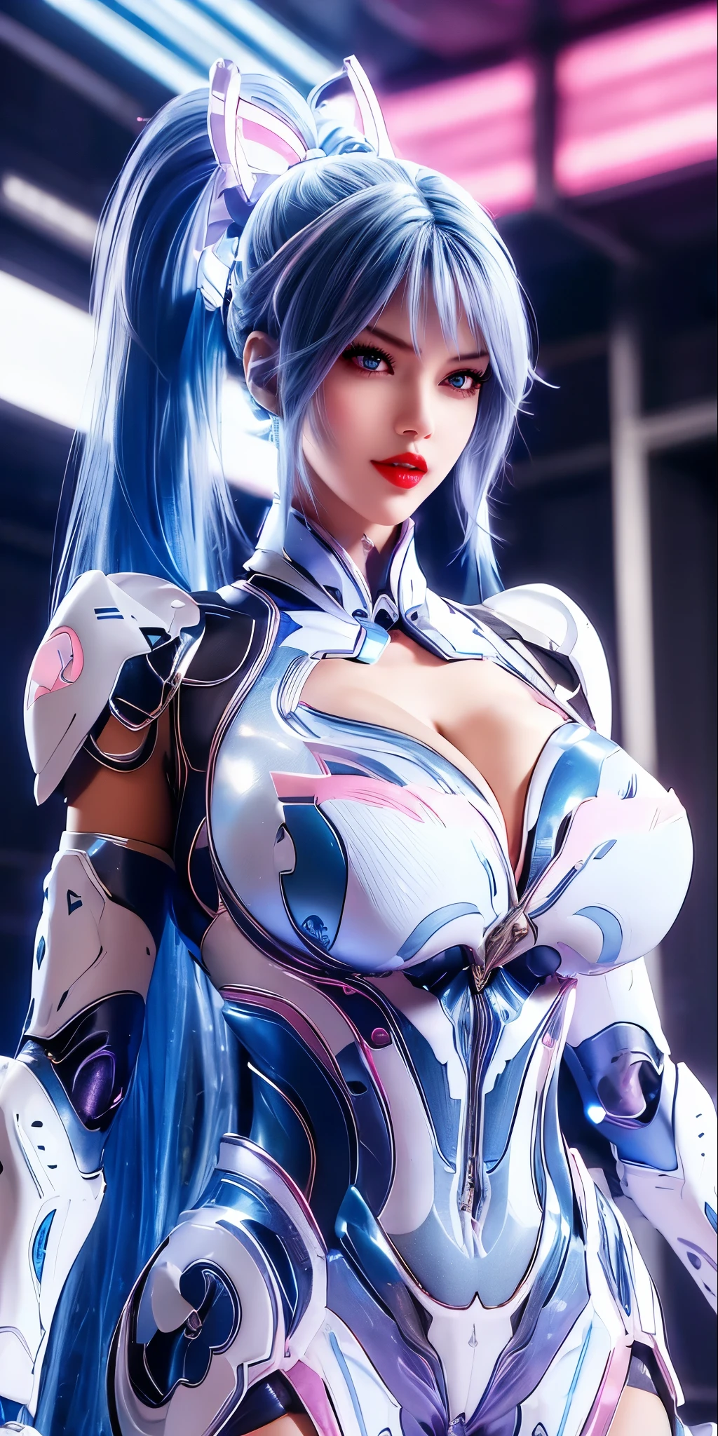 A beauty girl with ((blue and pink multiple colour long ponytail hair:1.5)), 1GIRL, (GOLDEN BUTTERFLY ACC:1),((HUGE FAKE BREASTS,CLEAVAGE:1.5)), (11 line ABS:1.3), ((MECHA GUARD ARMS,LED BODY:1.1)), (BLUE SHINY FUTURISTIC MECHA BRA, WHITE SKINTIGHT MECHA SUIT:1.5), (PERFECT BODY, GLOWING BODY SKIN:1.1), (LOOKING AT VIEWER:1.3), (HALLWAY OF FUTURISTIC SPACE STATION:1), (BRIGHT LIGHT WHITE_ROOM:1.3), HYPER TEXTURE, UNREAL ENGINE RENDER, PHYSICALLY-BASED RENDERING, ULTRA HIGHT DEFINITION, 16K, DSLR, 1080P.