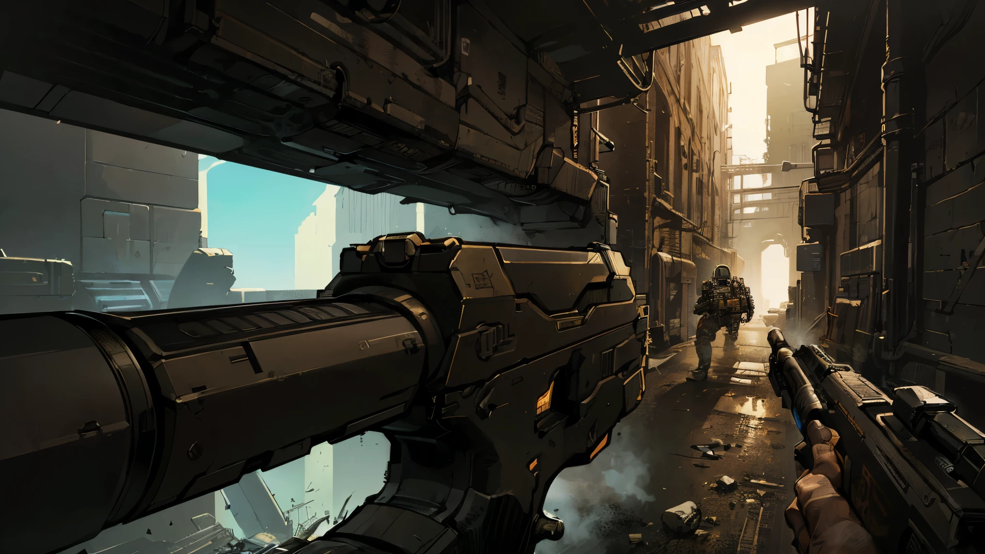 ((borderlands style art, Outliner Effect, first person shooter gameplay, fps game)), spaceship interior scene, dark environment, fps gameplay style, fury gun, high quality, 4k, ultra hd, (fps game shows a futuristic gun in the foreground)