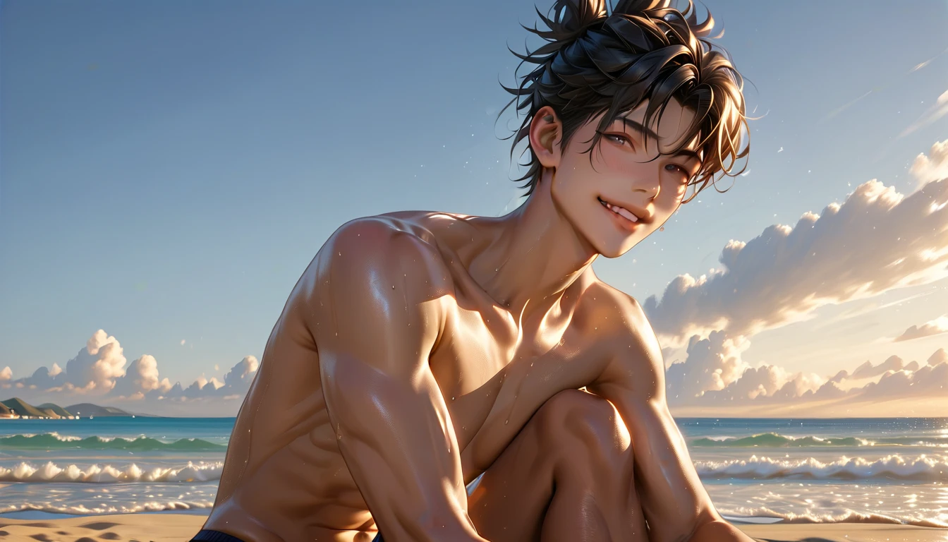 a panoramic picture of the full body of a sporty chinese boy is at the beach side completely naked, skinny body and slim great abs, completely hairless, slim, aged 20 old , looking shy but happy, fancy hairstyle, great visual detail and vivid romantic colors, cute face, slim legs. Sweet face expression while he is showing his penis, he is lying horizontally near the sea water, at the romantic sunset light with cloudy dark sky