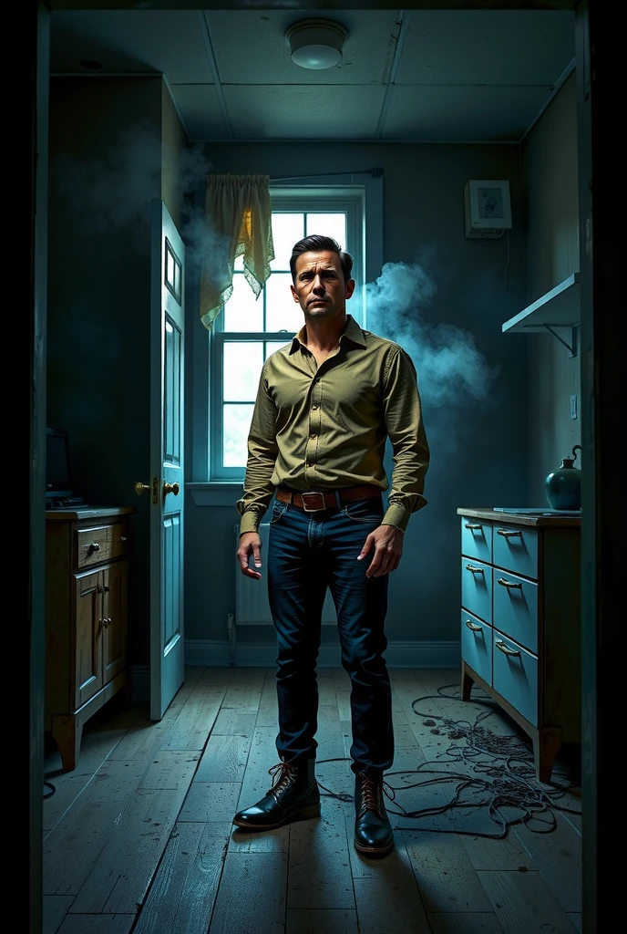 {
  "prompt": "A man in his 30s with sharp features, light brown shirt, dark blue jeans, and black leather boots, standing inside an old, dimly lit rental room. His face is tense with suspicion. The atmosphere is quiet, and the room is sparse with a slight haze in the air. The man is looking around nervously, with a faint expression of fear. The room has an eerie, dark tone with shadows looming over the corners.",
  "size": "1024x1024"
}