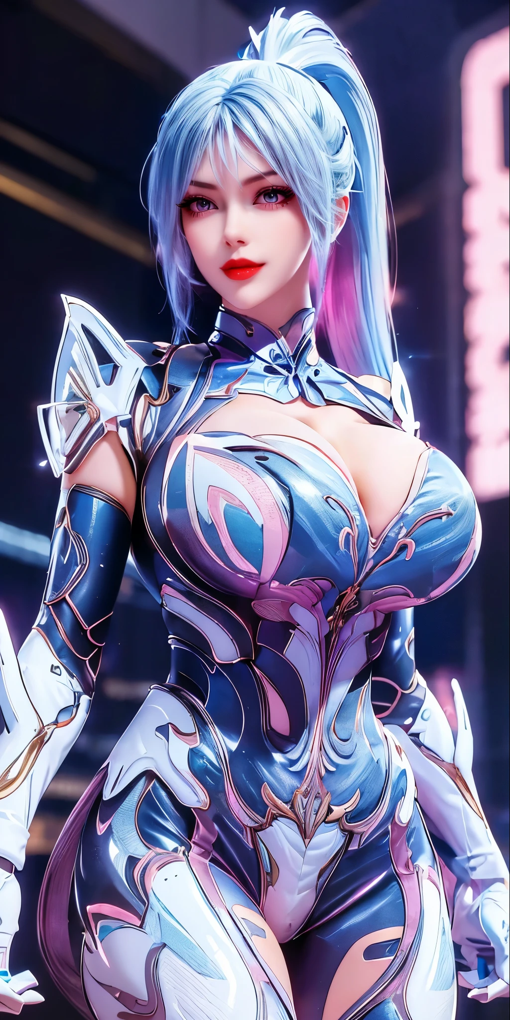 A beauty girl with ((blue and pink multiple colour long ponytail hair:1.5)), 1GIRL, (GOLDEN BUTTERFLY ACC:1),((HUGE FAKE BREASTS,CLEAVAGE:1.5)), (11 line ABS:1.3), ((MECHA GUARD ARMS,LED BODY:1.1)), (BLUE SHINY FUTURISTIC MECHA BRA, WHITE SKINTIGHT MECHA SUIT:1.5), (PERFECT BODY, GLOWING BODY SKIN:1.1), (LOOKING AT VIEWER:1.3), (HALLWAY OF FUTURISTIC SPACE STATION:1), (BRIGHT LIGHT WHITE_ROOM:1.3), HYPER TEXTURE, UNREAL ENGINE RENDER, PHYSICALLY-BASED RENDERING, ULTRA HIGHT DEFINITION, 16K, DSLR, 1080P.