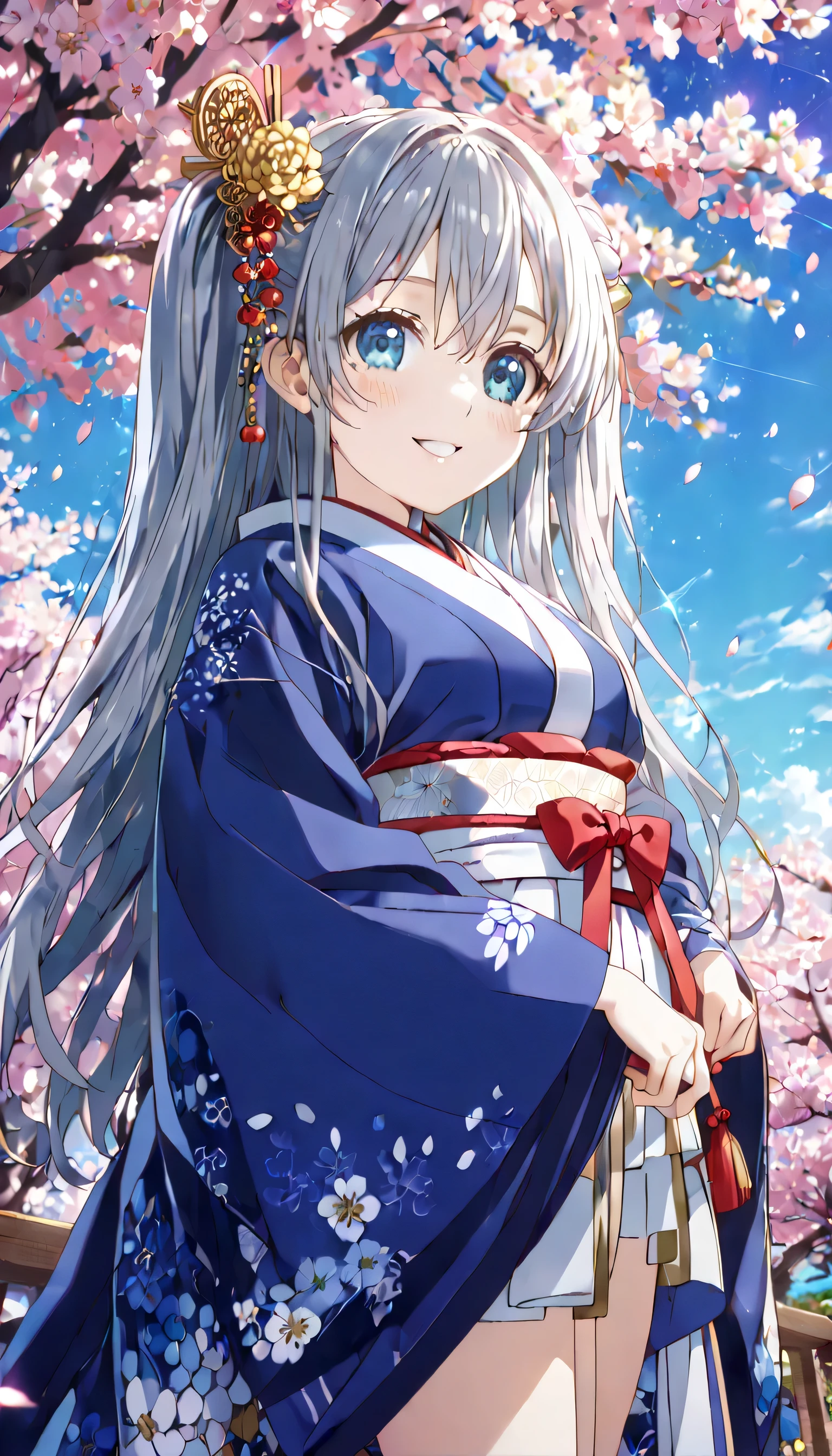 ((ultra-detailed)), (highly detailed CG illustration), (best quality:1.2), ultra-highly detailed, colorful composition, artistic photoshoot, 1girl, solo focus, ((thigh to top:1.4)), ((cowboy shot:1.4)), Japanese moe anime character, girl, dainty facial structure, (baby fand face), ((rounded chin:1.2)), ((ideal ratio body proportions)), celia-default, celia claire, (blue eyes), sparkle eyes, silver hair color, two side up, ((deep royal blue ankle-length long furisode costume with gorgeous floral pattern:1.4)), ((white obi with golden decorations)), ((red Japanese ornate hairpin with golden decoration)),
beautiful detailed sky, cherry blossom petals, cherry trees, row of cherry trees, breeze, petals dancing in the wind, low angle, expecting, pink cheek, blush, light pink gloss slip, portrait, depth of field, soft lighting, sidelighting, (shine), lighting, caustics, ray tracing, smile, perfect face, lustrous skin, highly detailed face, highly detailed eyes, perfect face, perfect nose, perfect hair, perfect eyes, perfect anatomy, beautiful hair, beautiful small face, extremely detailed face, beautiful detailed eyes, beautiful clavicle, beautiful body, beautiful medium breasts, breasts squeezed together, equalize the size of the left and right breasts, beautiful thin thighs, beautiful legs, beautiful fingers, 4 fingers, 1 thumb, lovely, (very detailed background:1.0), (highly detailed background:1.0), spring aesthetic, intricate details, solemn serene and respectful atmosphere, spring colors palette, chromatic aberration