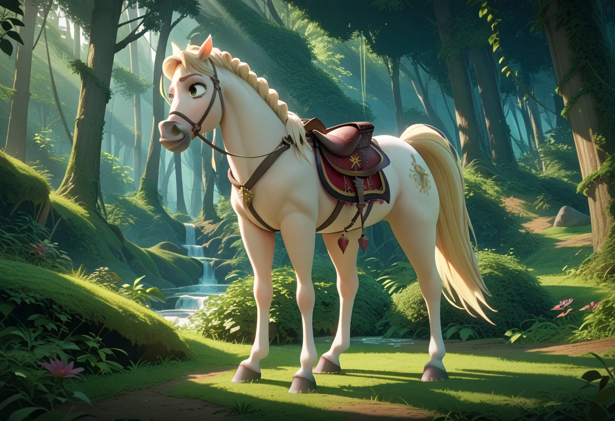 (1girl) (Rapunzel, long blonde hair, twenty years old, small breasts) BREAK (full body) standing next to BREAK M4X1MU5 (white horse) smiling, BREAK in a deserted forest, masterpiece, dramatic lighting, highly detailed, depth of field