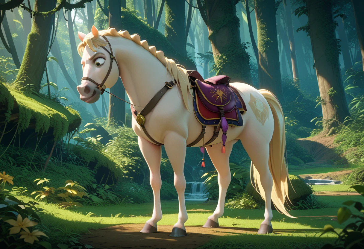 (1girl) (Rapunzel, long blonde hair, twenty years old, small breasts) BREAK (full body) standing next to BREAK M4X1MU5 (white horse) smiling, BREAK in a deserted forest, masterpiece, dramatic lighting, highly detailed, depth of field