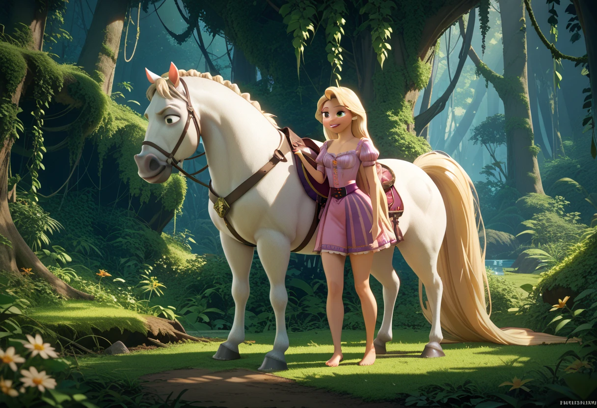 (1girl) (Rapunzel, long blonde hair, twenty years old, small breasts) BREAK (full body) standing next to BREAK M4X1MU5 (white horse) smiling, BREAK in a deserted forest, masterpiece, dramatic lighting, highly detailed, depth of field